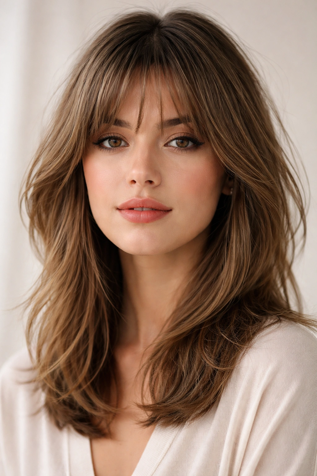 Close-up of wispy feathered bangs with soft layers framing the face