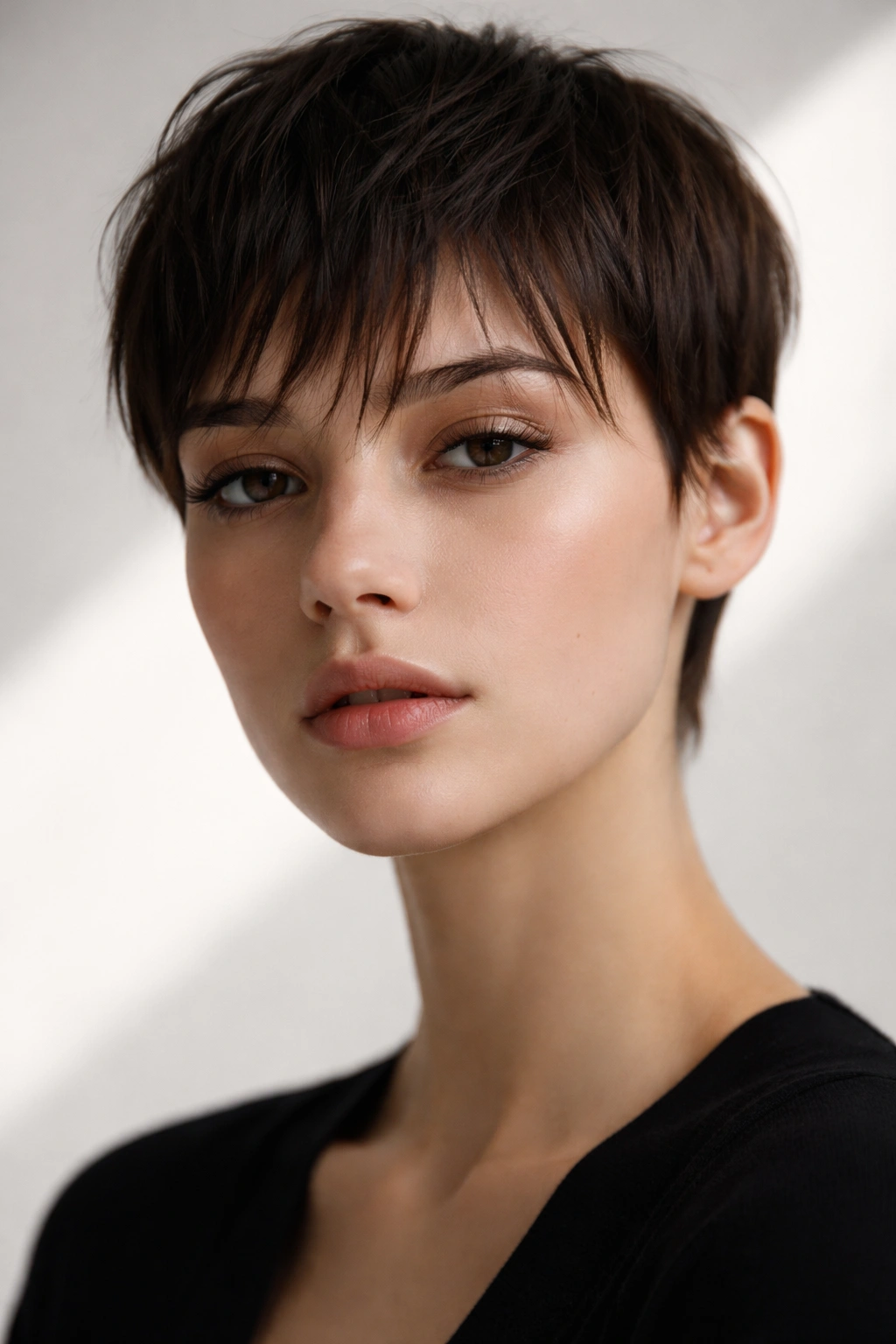 Close-up portrait of a person with a very short wispy fringe and barely-there curtain bangs