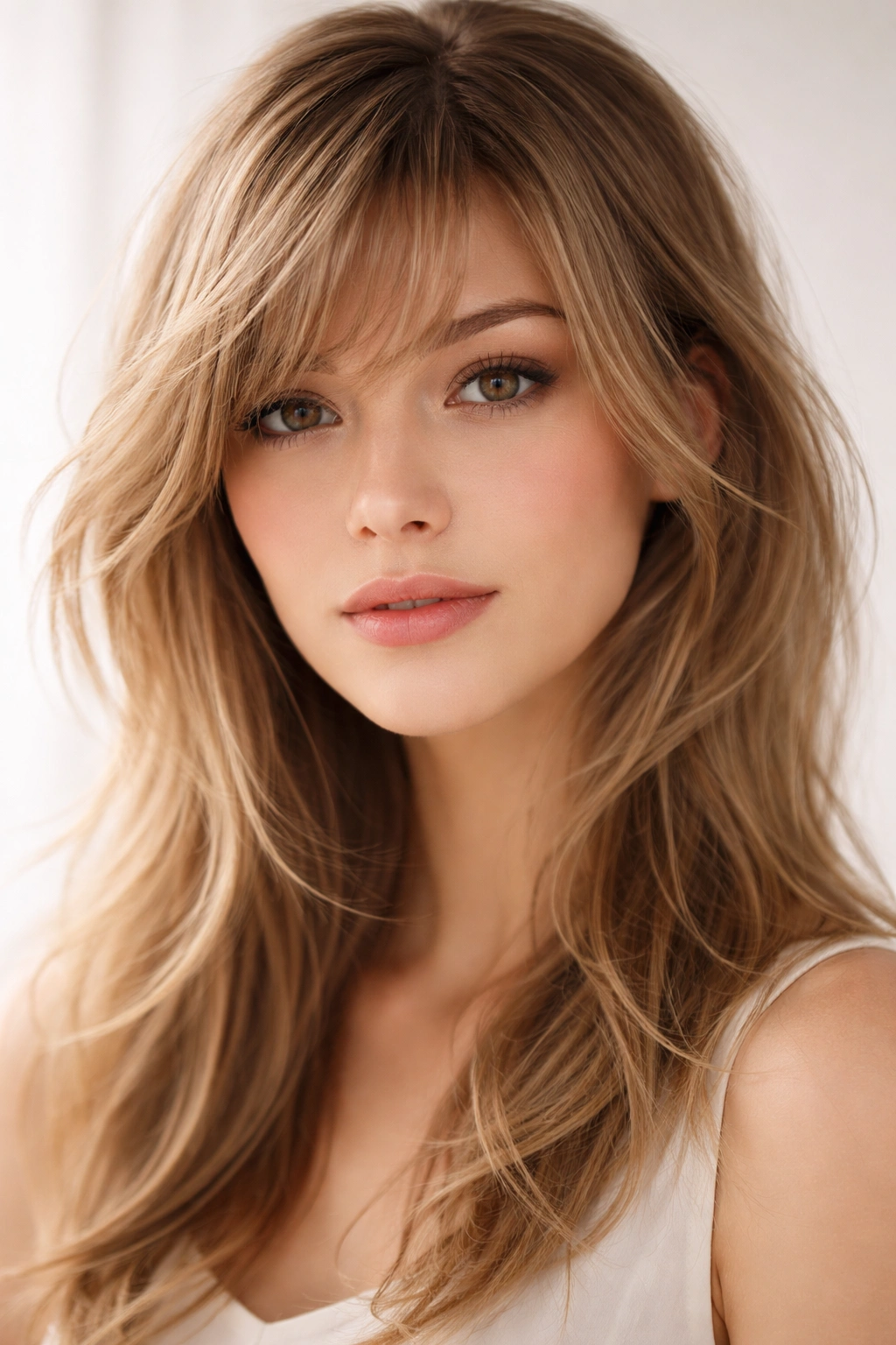 Close-up portrait of a model with delicate wispy layered bangs