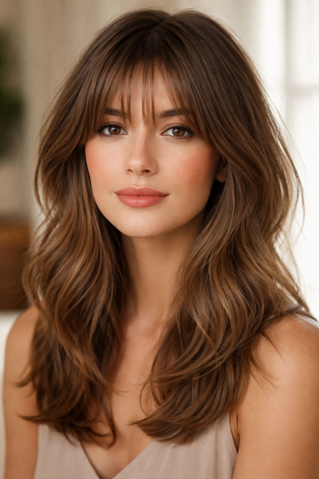 Close-up of wispy layered bangs framing the face with soft texture.