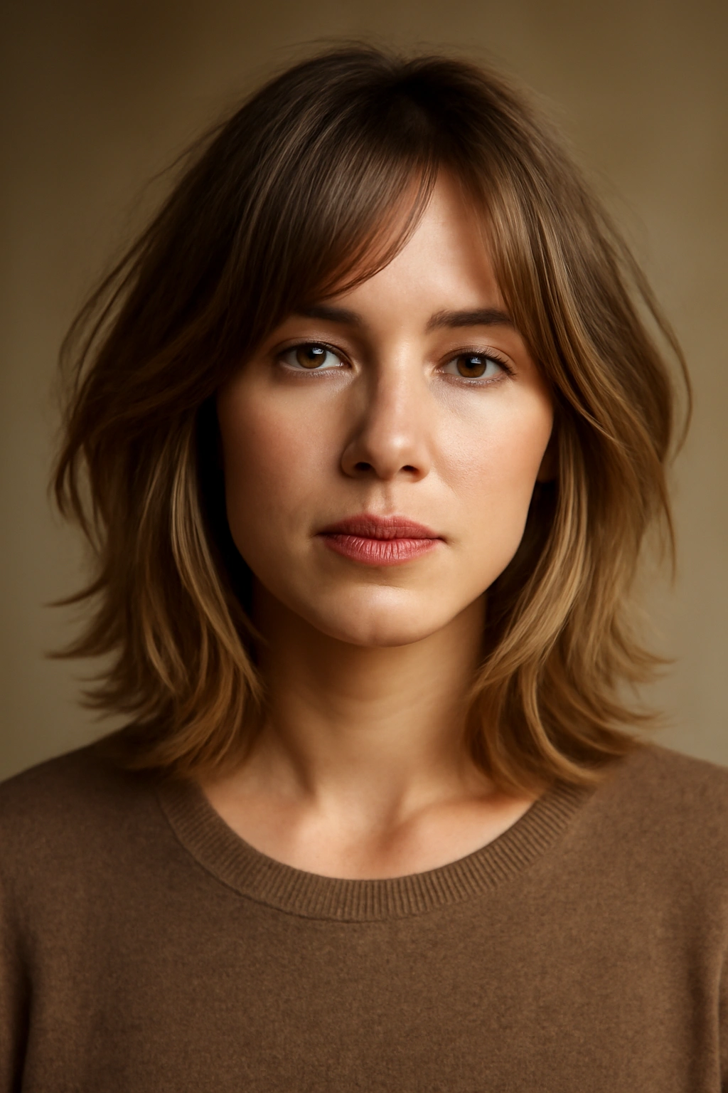Head-and-shoulders portrait of a model with a wispy layered lob and face-framing layers.