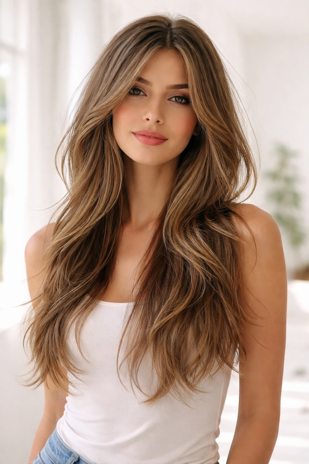 Full-length hair with wispy layers and textured ends cascading over shoulders