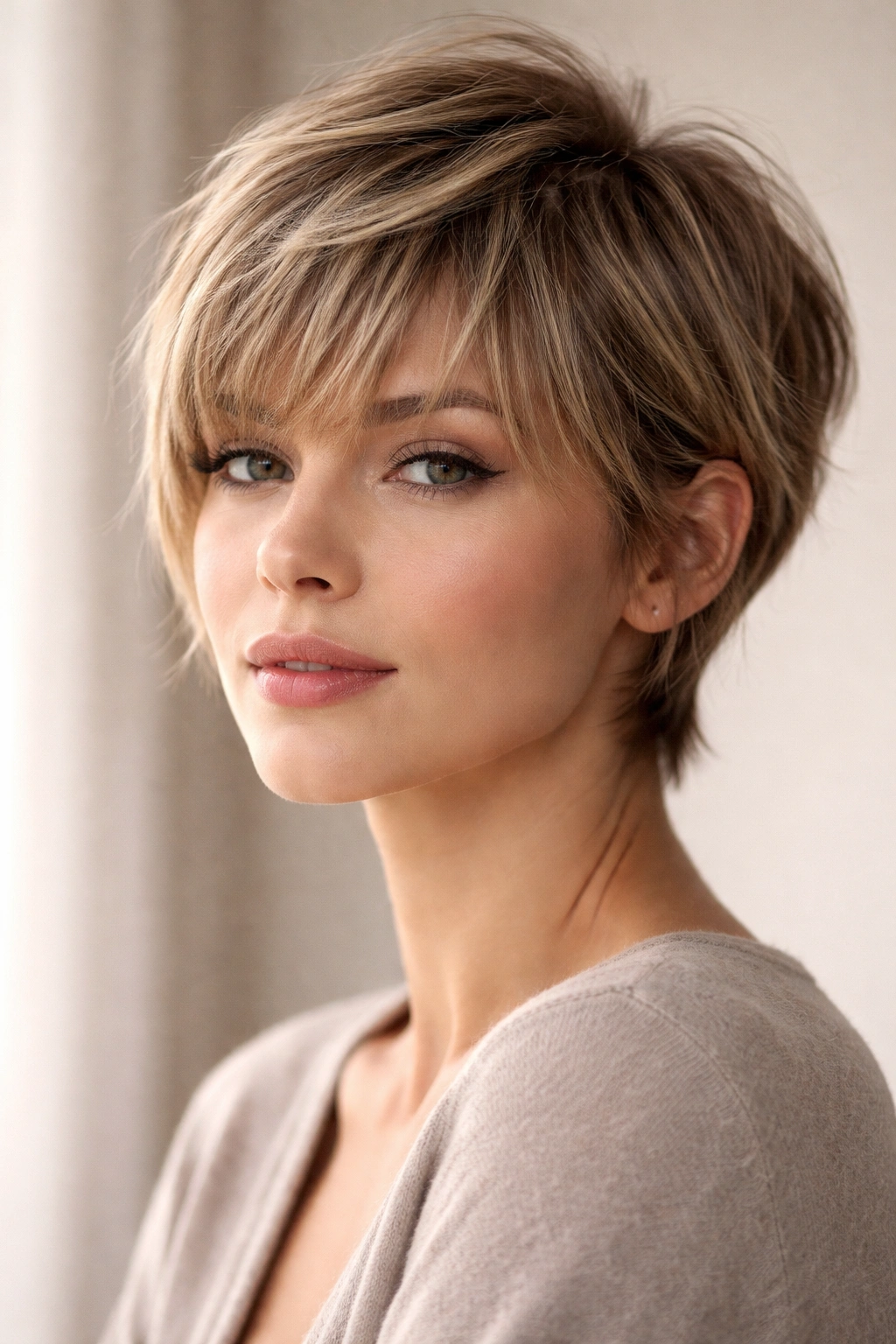Wispy bangs pixie with soft feminine frame
