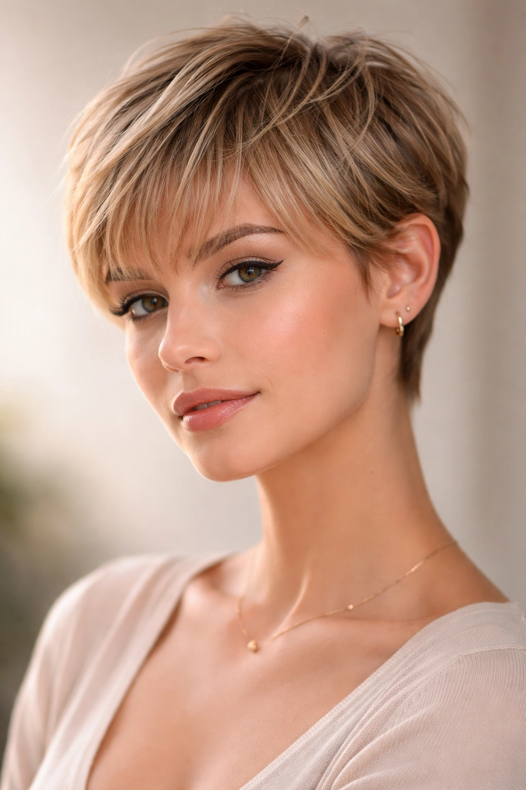 Wispy pixie bangs with feathered fringe across the forehead