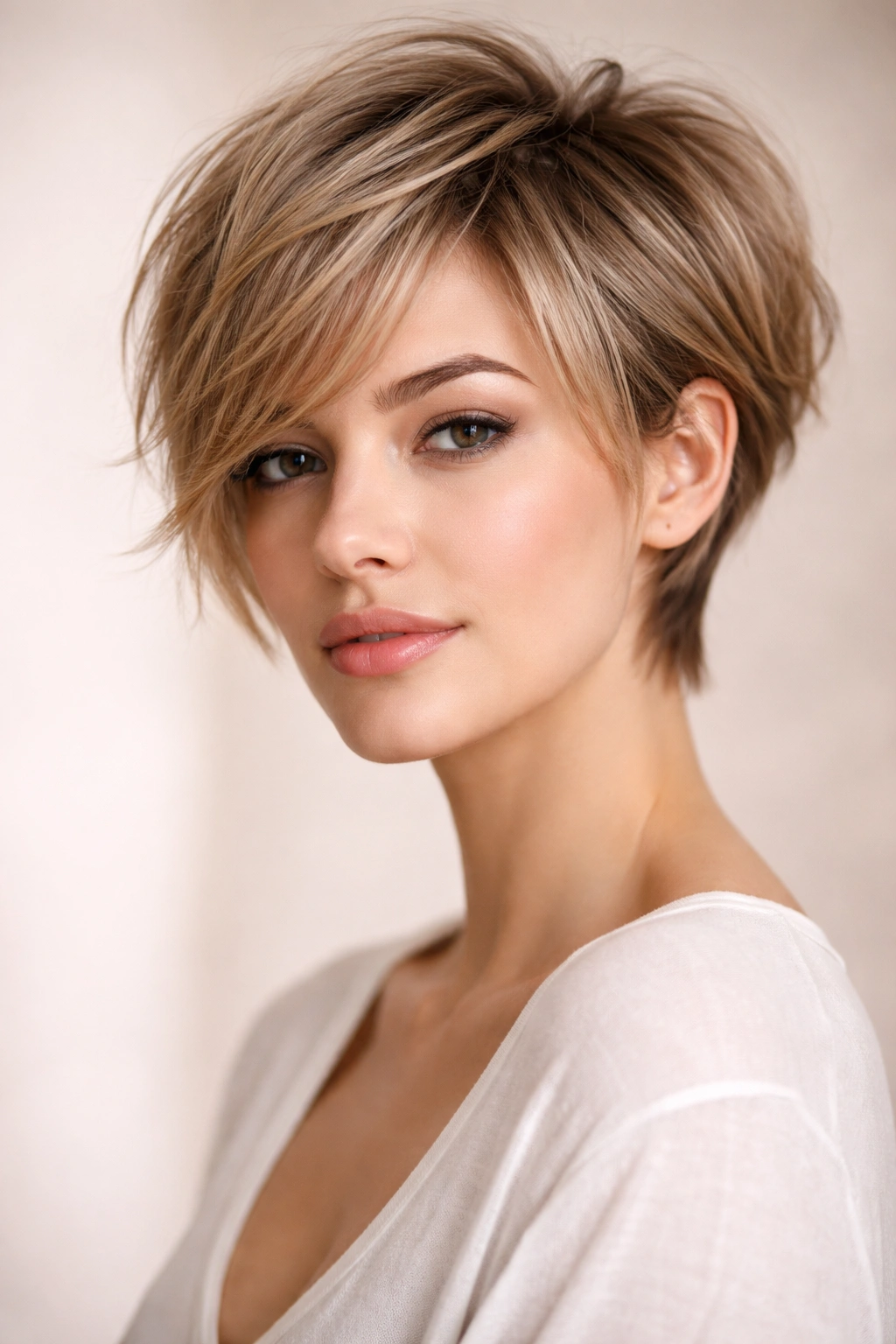 Model with wispy pixie bob featuring short sides and longer front pieces.