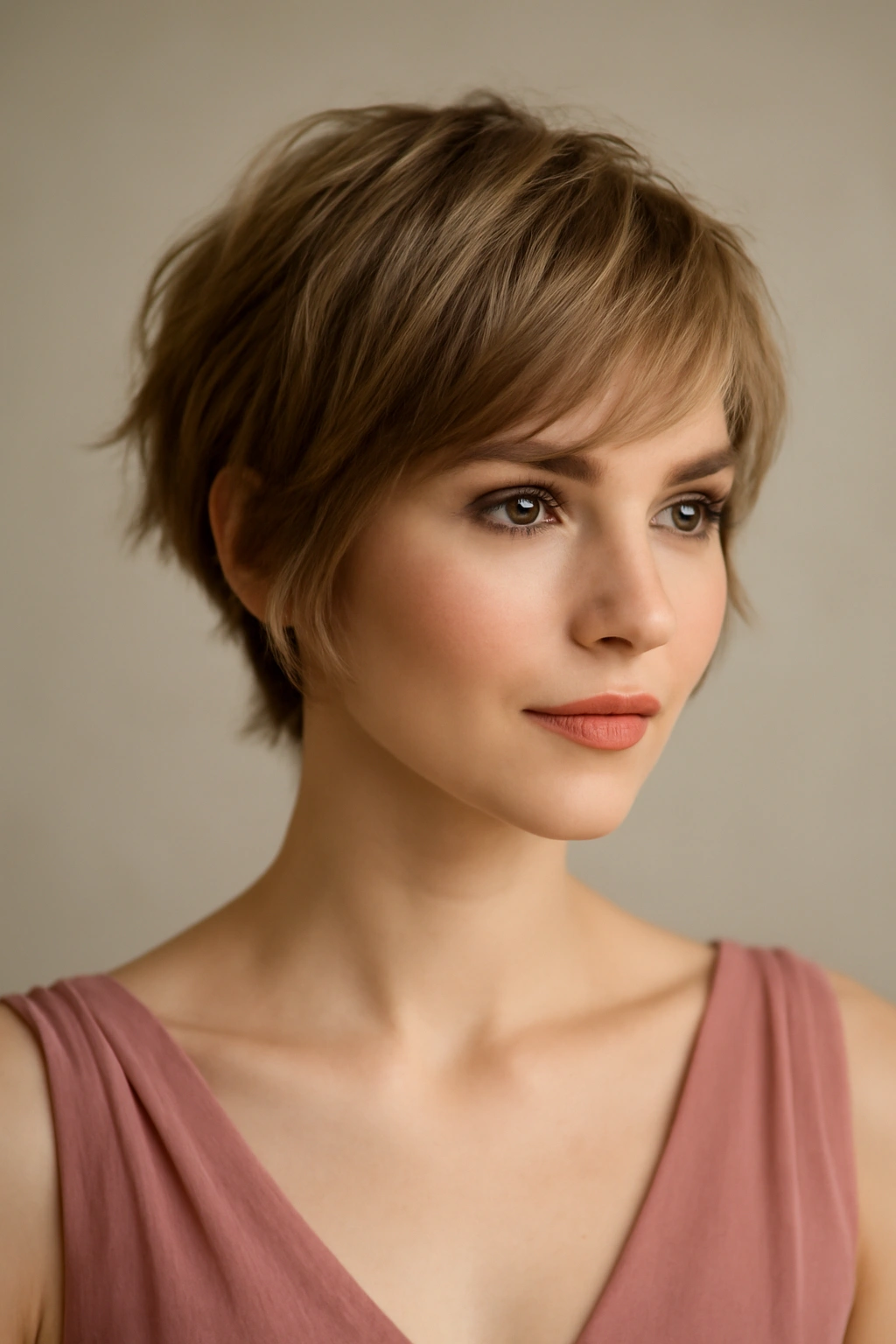 Close-up of a bridesmaid with a wispy pixie and feathered layers