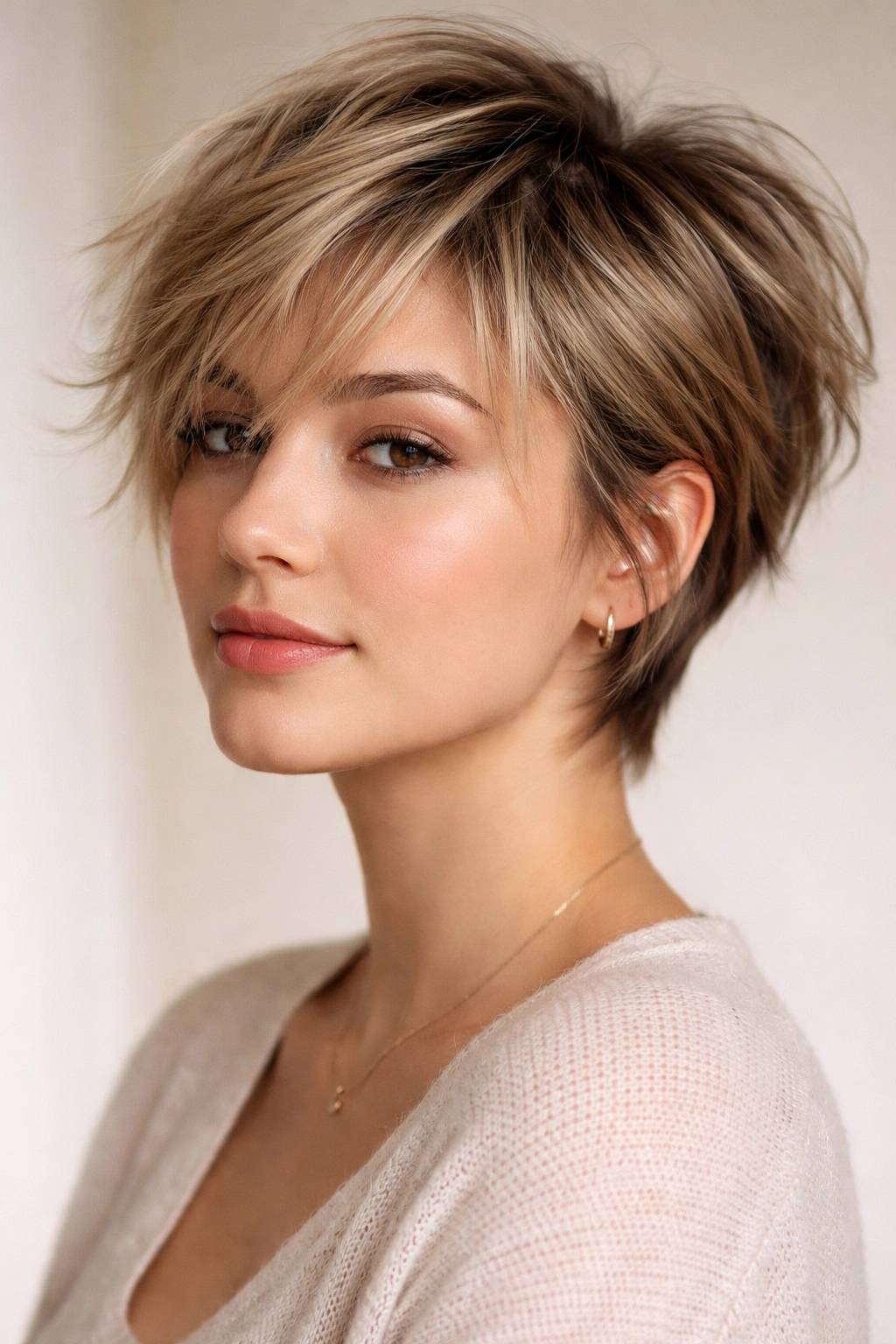 Portrait of a person with wispy pixie cut featuring longer face-framing pieces directed upward