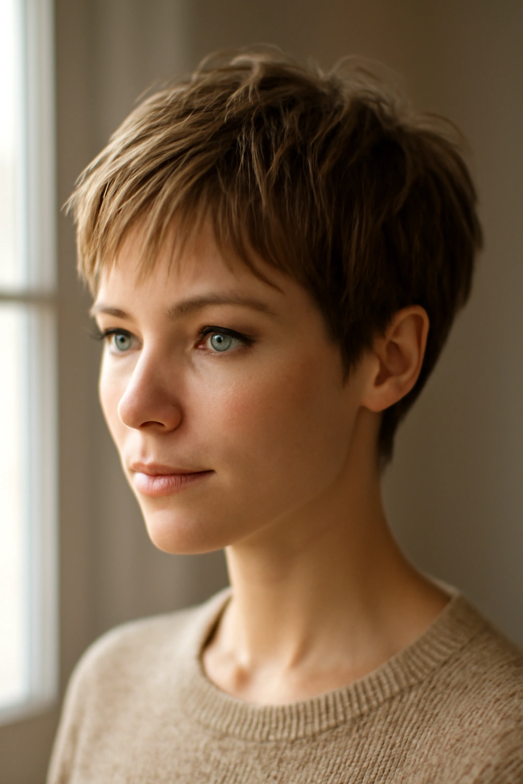 Wispy textured pixie on fine hair with layered ends