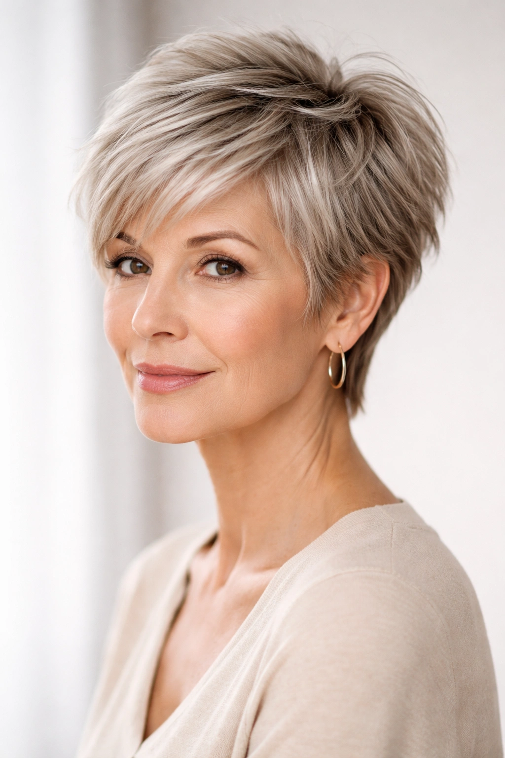 Older woman with wispy pixie featuring feathered layers and a softly textured top.