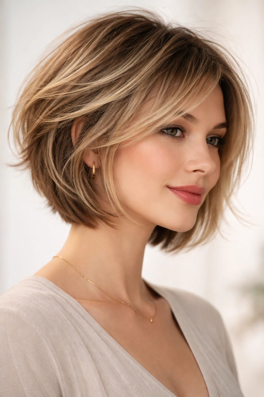 Close-up of a wispy stacked bob with feathered layers and soft movement