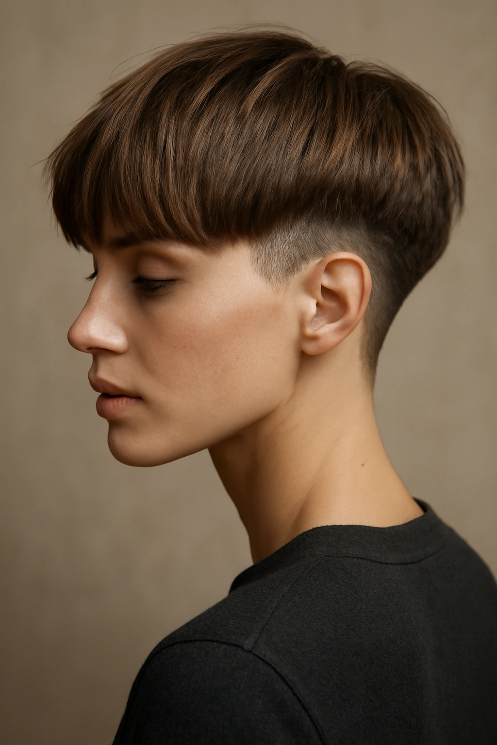 Close-up of wispy undercut bowl haircut with visible undercut on the sides
