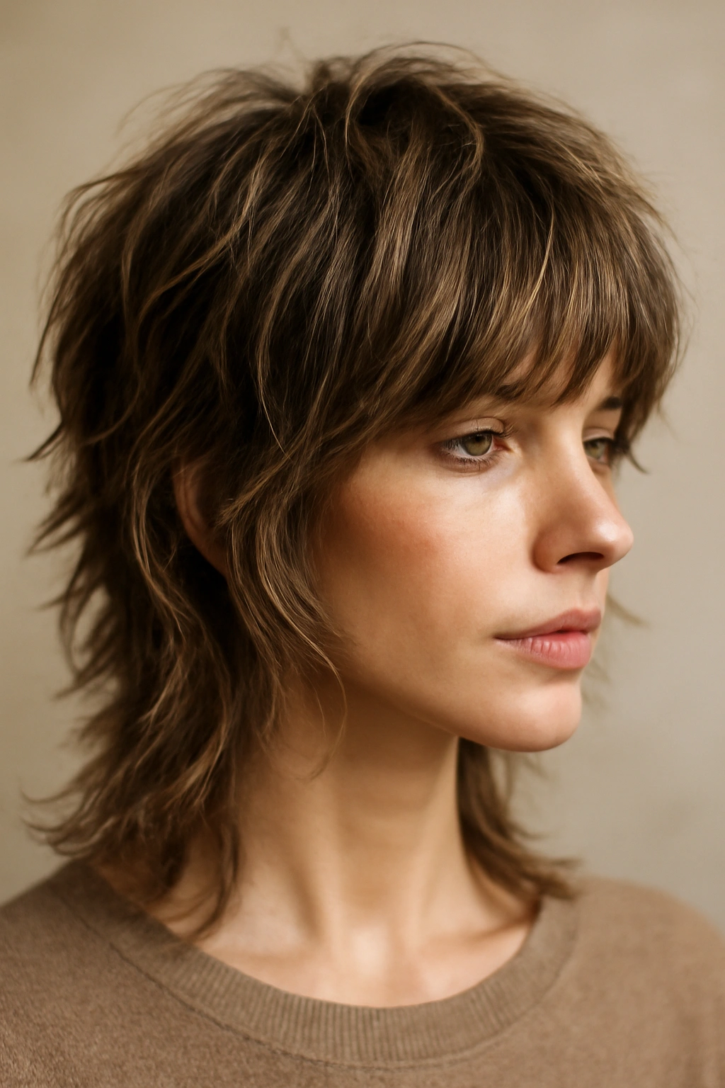 Textured wolf cut with babylights and sun-kissed dimension