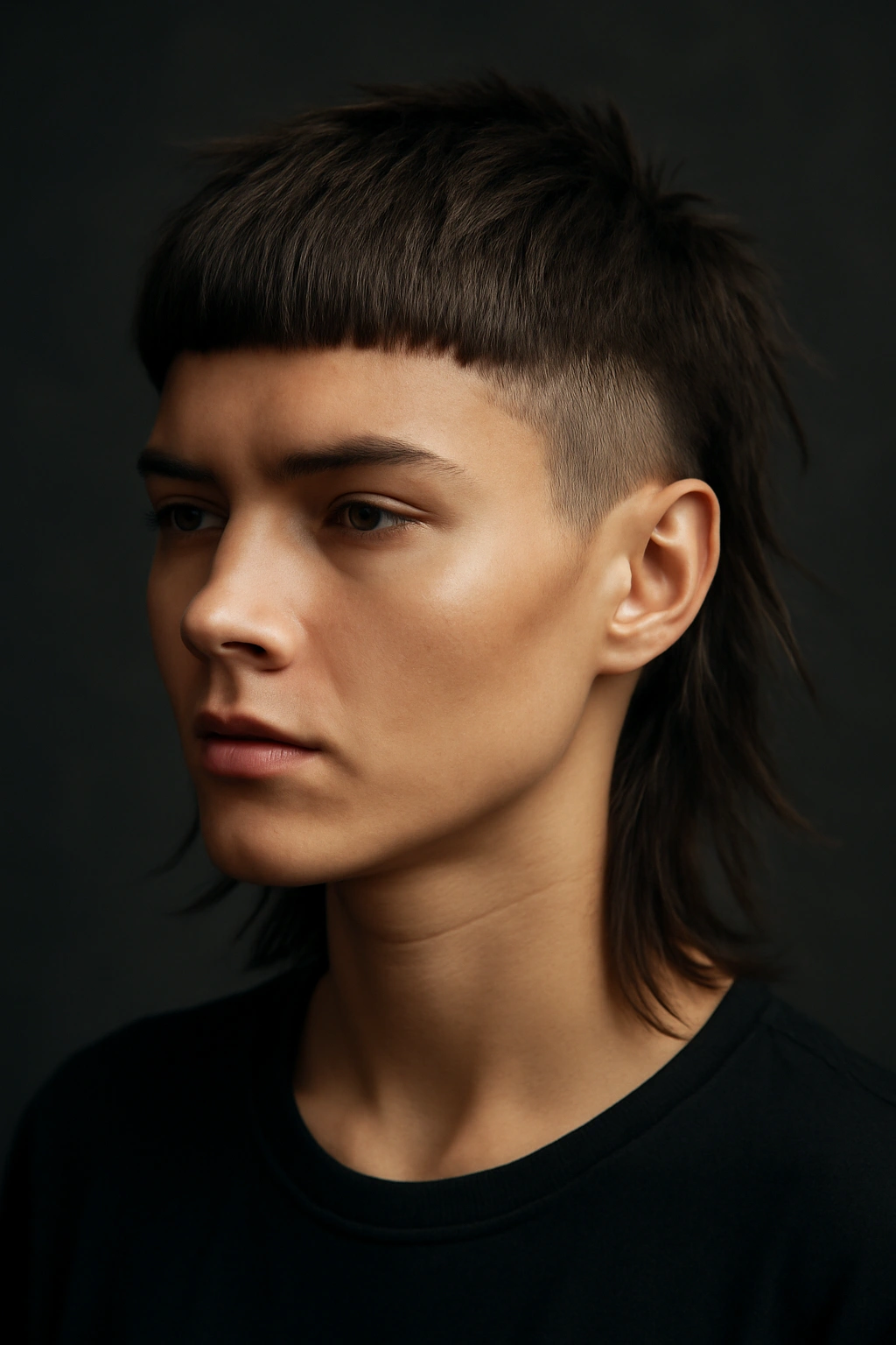 Portrait of a model showing blunt top wolf cut with high-contrast undercut on the sides.