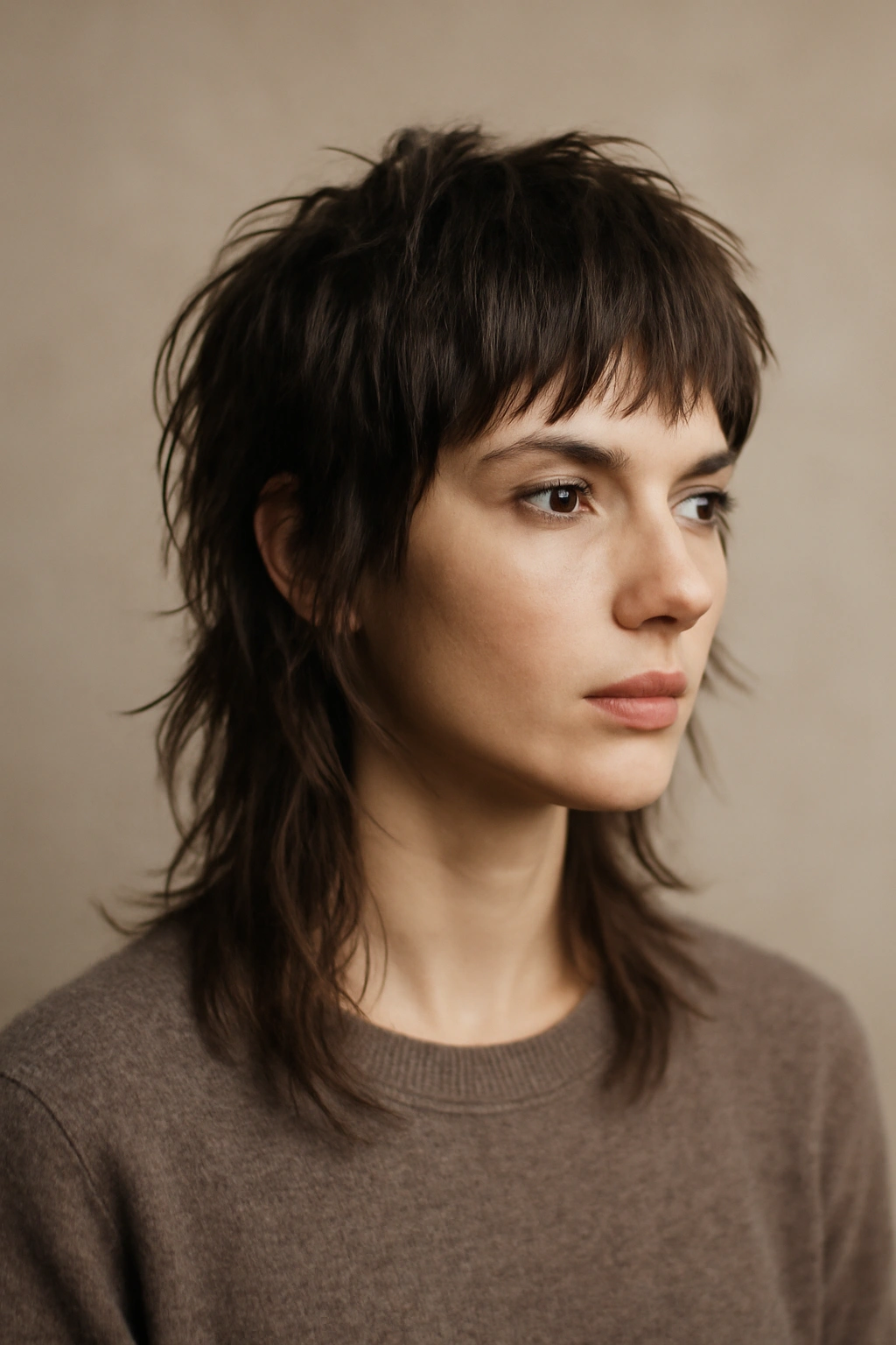 Choppy wolf cut with short front pieces and longer back on model