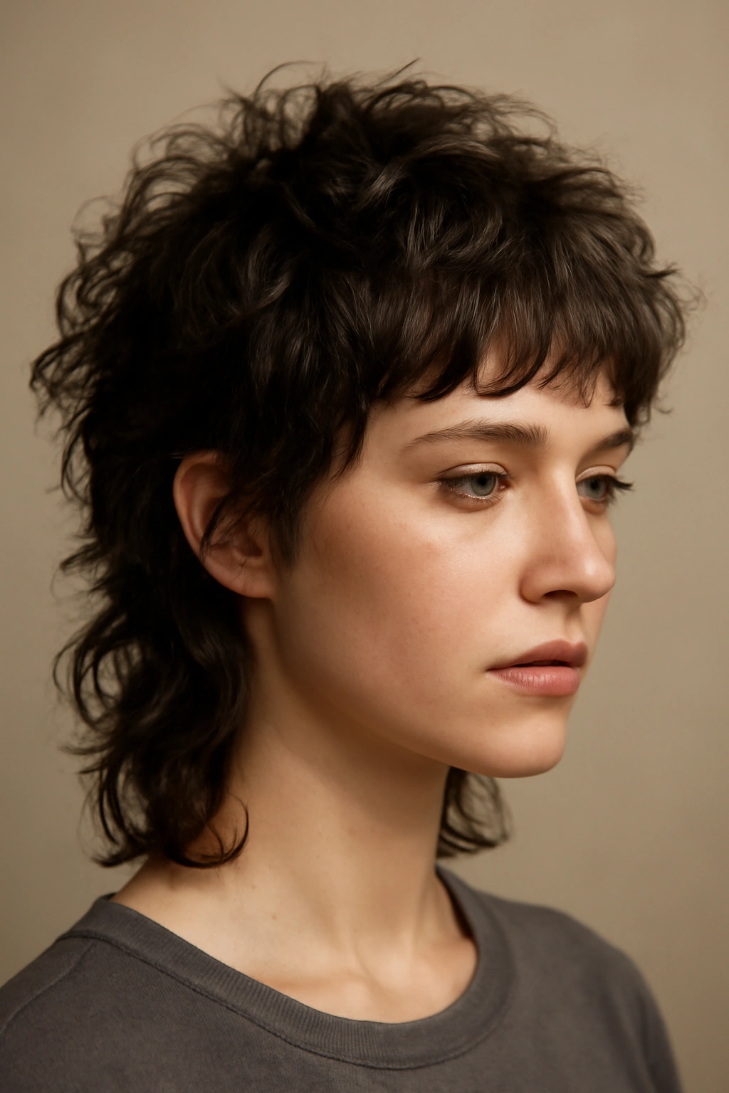 Close-up of fine curly hair with choppy wolf cut showing top lift