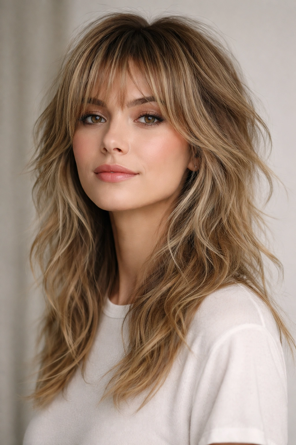 Medium shot of fine, wavy hair styled in a wolf cut with short top and longer bottom.