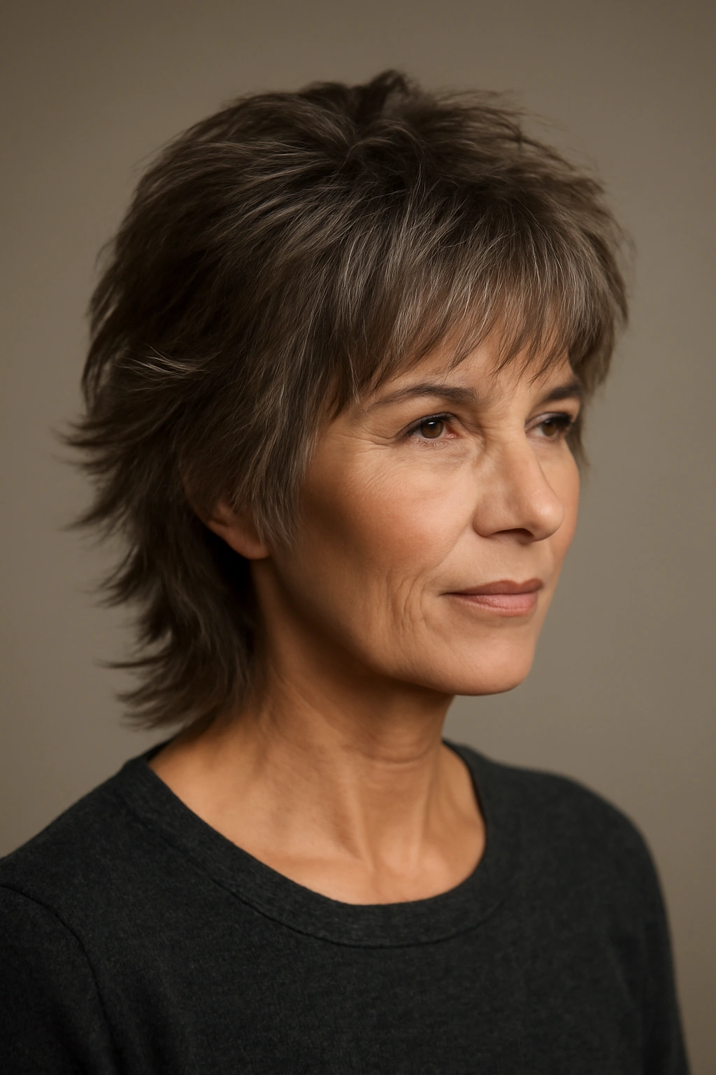 Close-up of a mature woman with a modern wolf cut showing textured crown and longer back layers