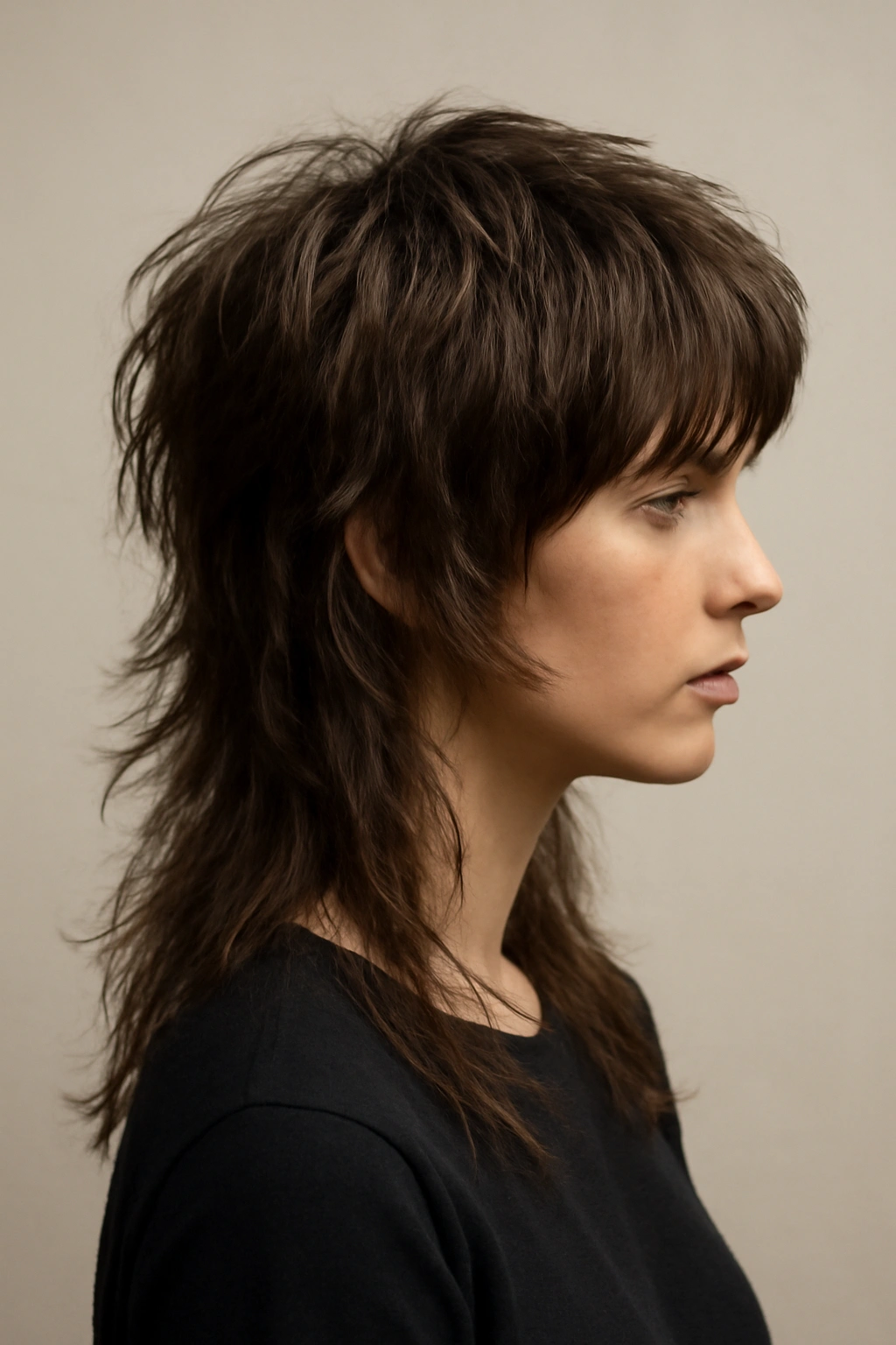 Wolf cut hairstyle with mixed short layers and longer back