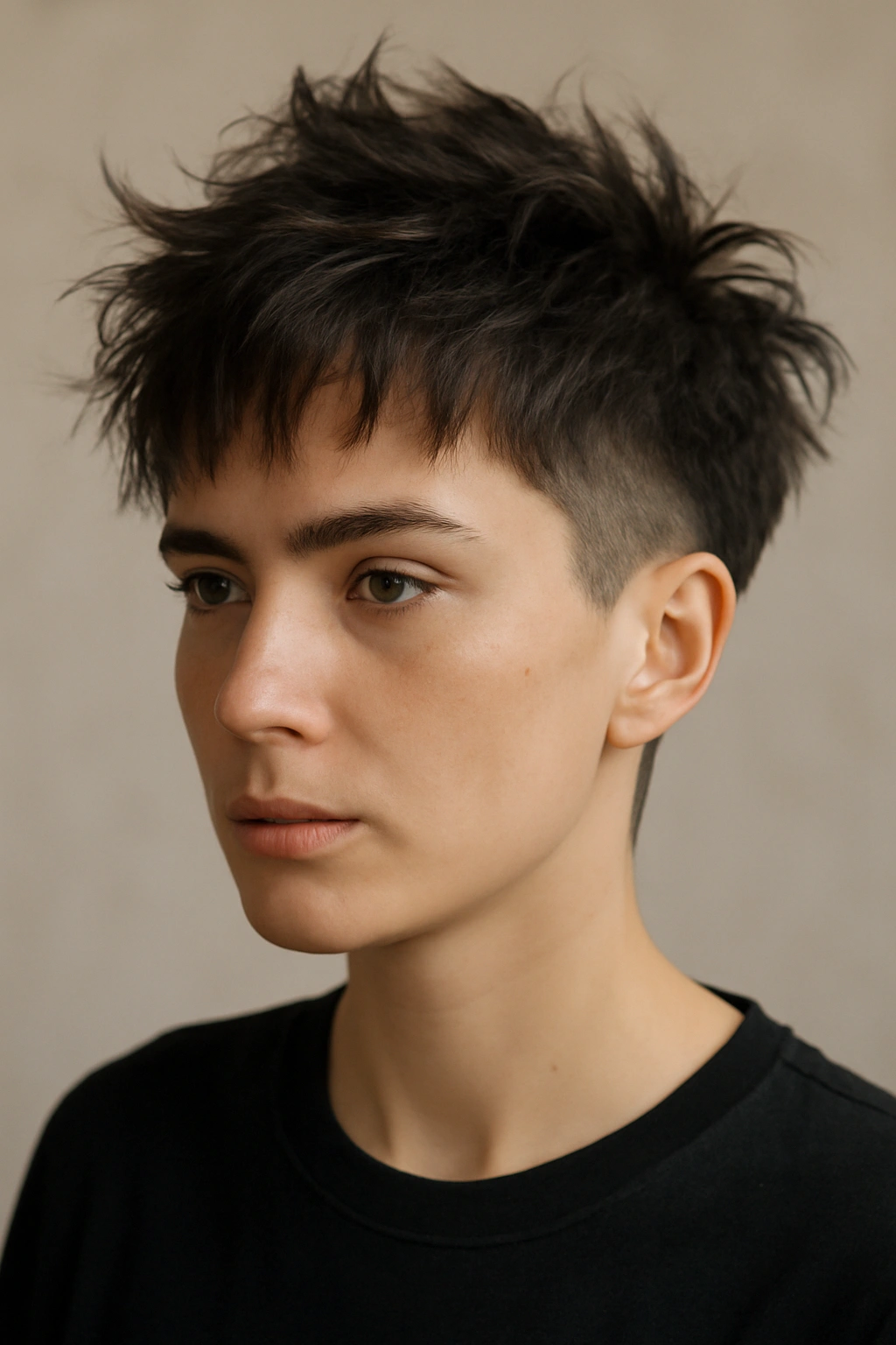 Portrait of a person with a short wolf cut showing dramatic top length.