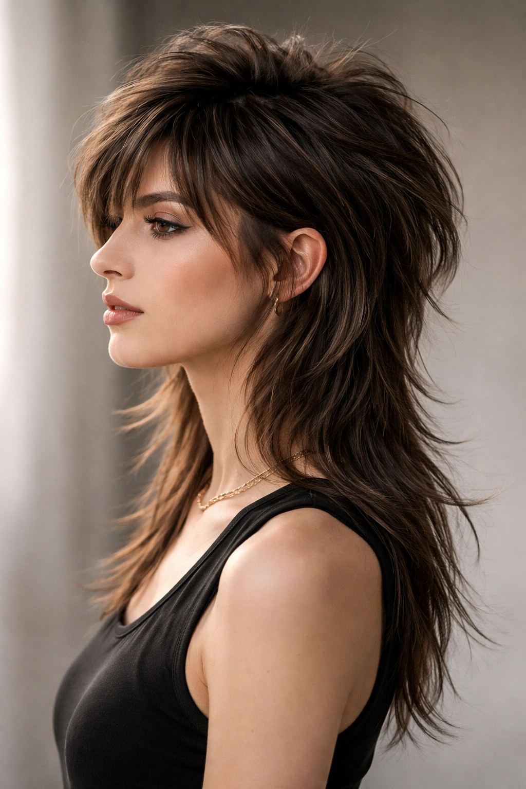Wolf cut hairstyle with voluminous top and longer back