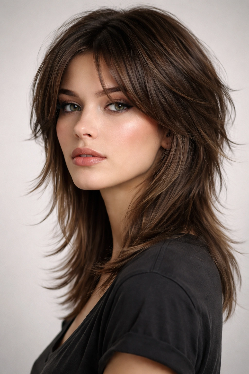 Portrait of wolf cut with deliberate layering and center part