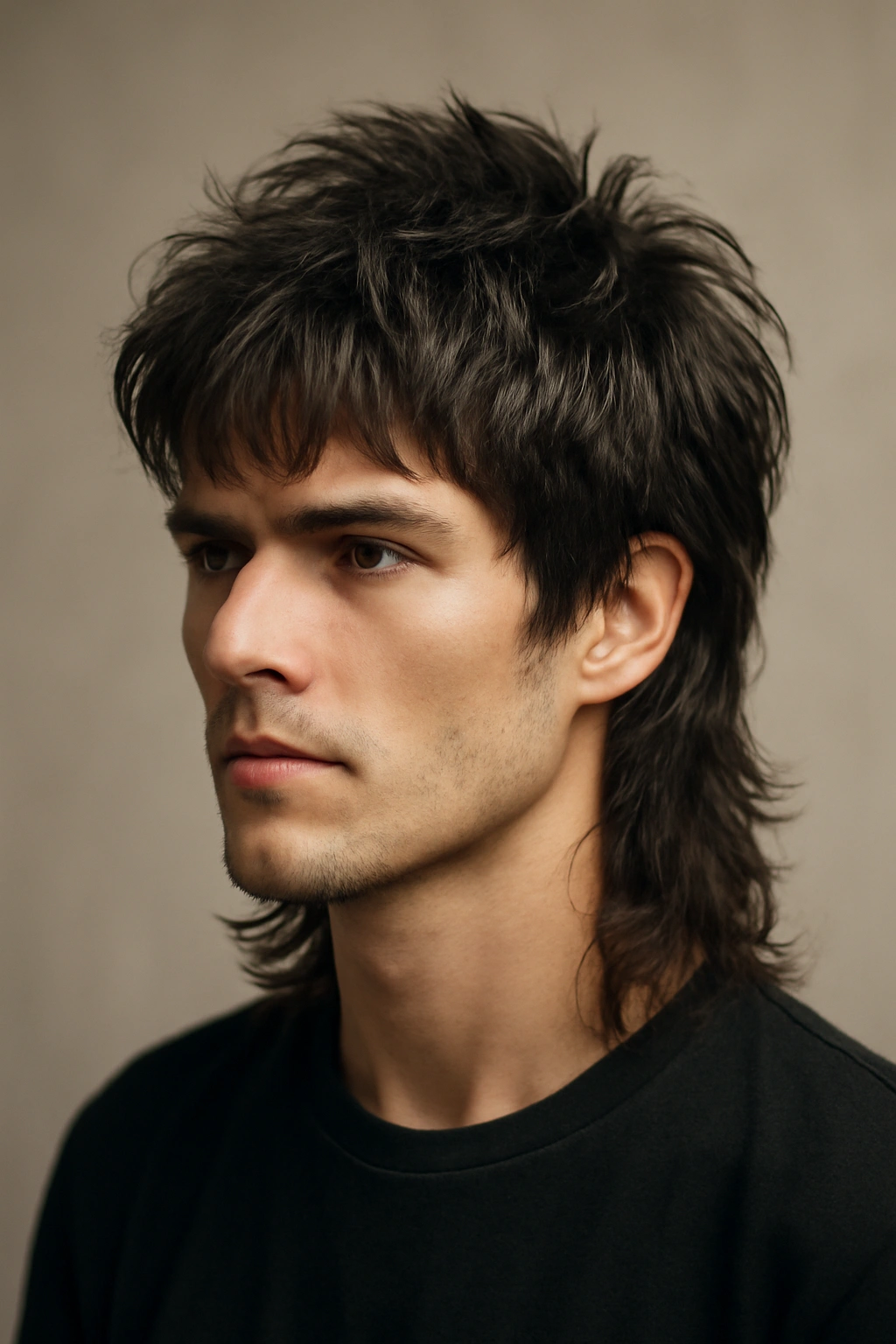 Close-up portrait of a person with thick hair in a wolf cut showing layered texture and feathered back