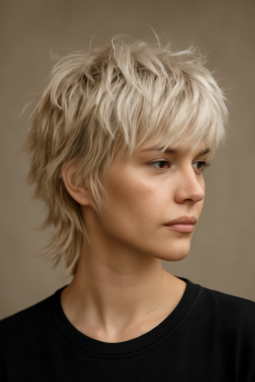Platinum blonde tousled wolf cut with textured layers