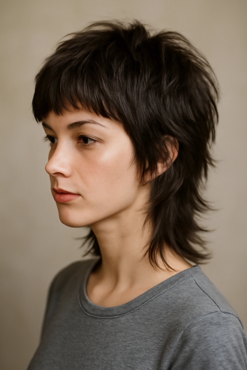 Wolf cut hairstyle with short front and long shaggy back showing texture