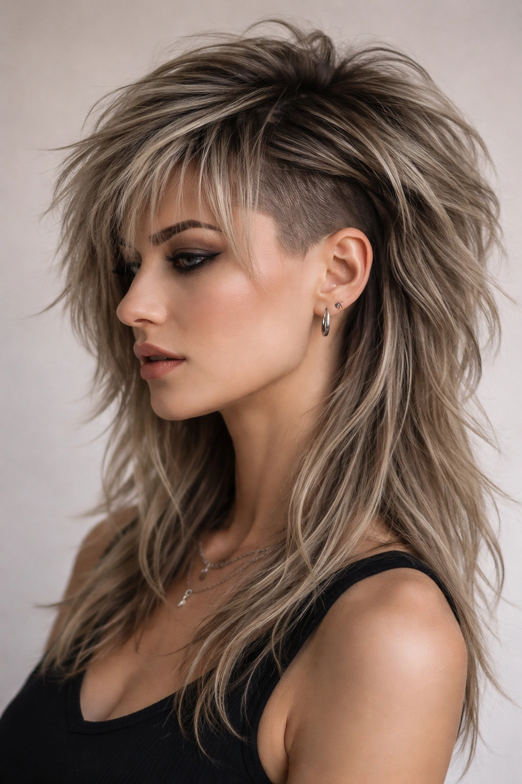 Portrait of a person with a wolf cut and shaved sides showing layered, textured hair