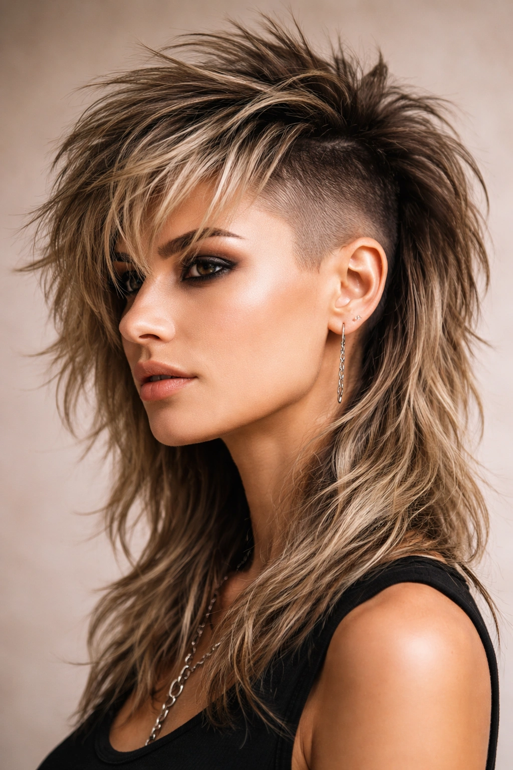 Wolf cut hairstyle with shaved sides showcasing layered crown and edgy silhouette