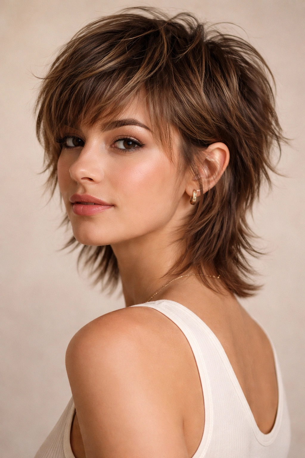 Modern short wolf cut with textured layers and back length