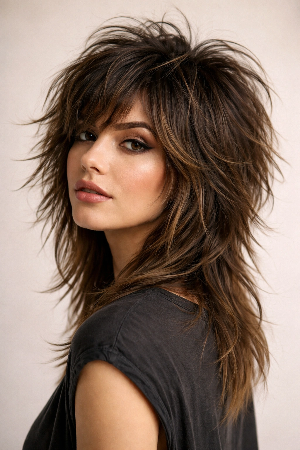 Portrait of a model with a shaggy wolf cut featuring feathered, layered crown and shorter underlayers.