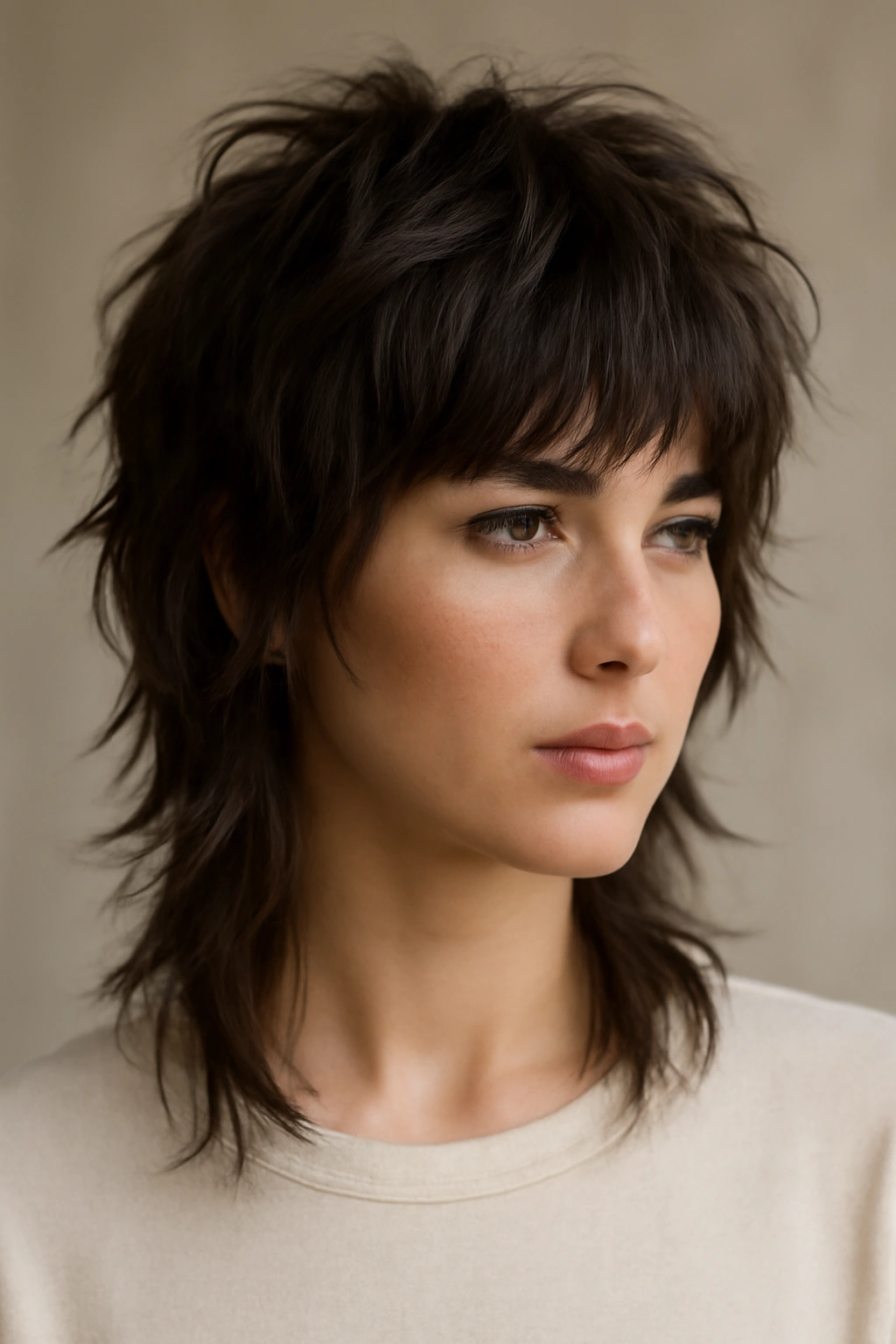 Close-up portrait of The Modern Wolf Cut showing voluminous crown layers and longer back with textured detail