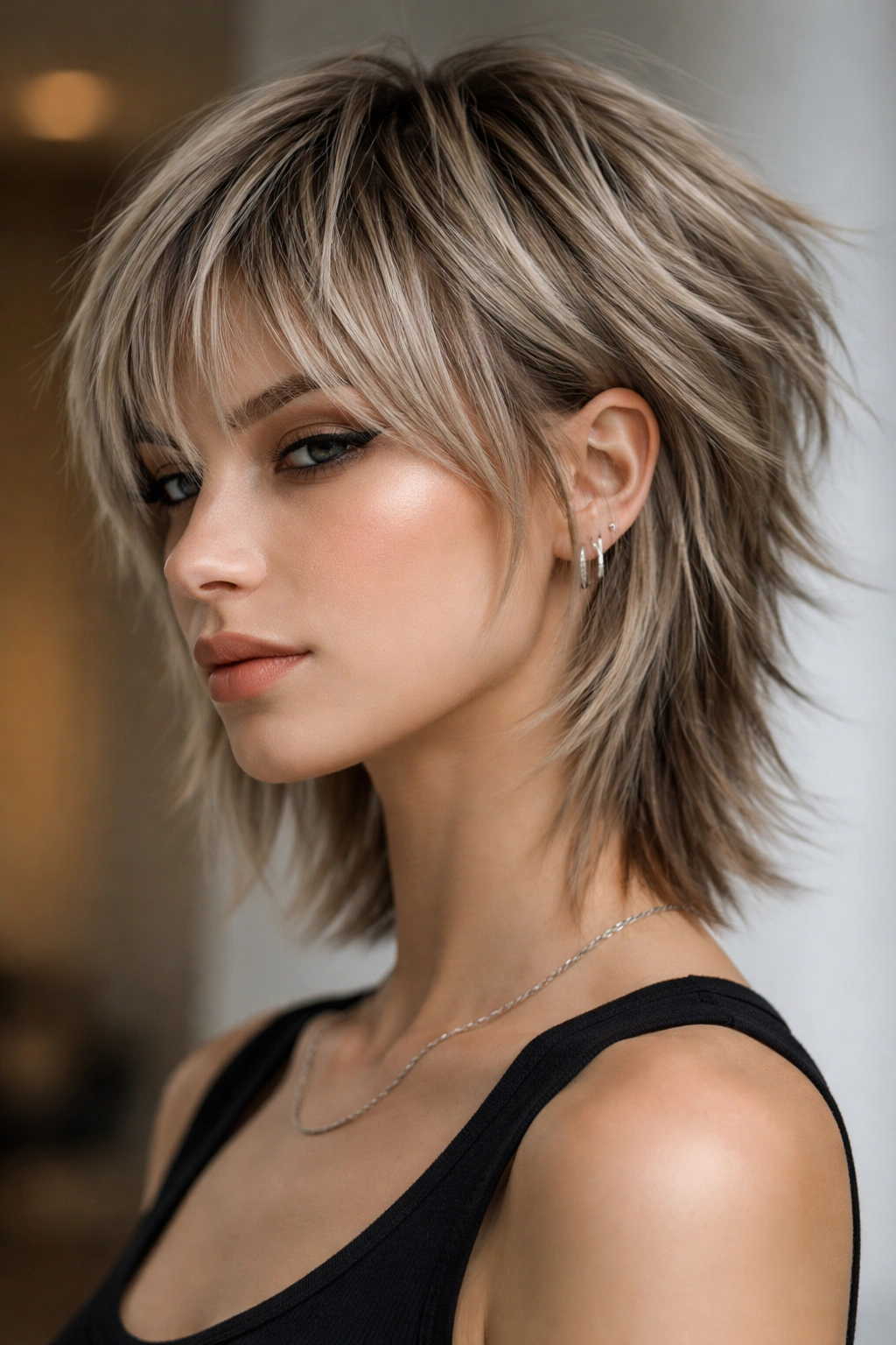 Close-up of a person with a sharp textured wolf cut on straight hair, clearly defined layers