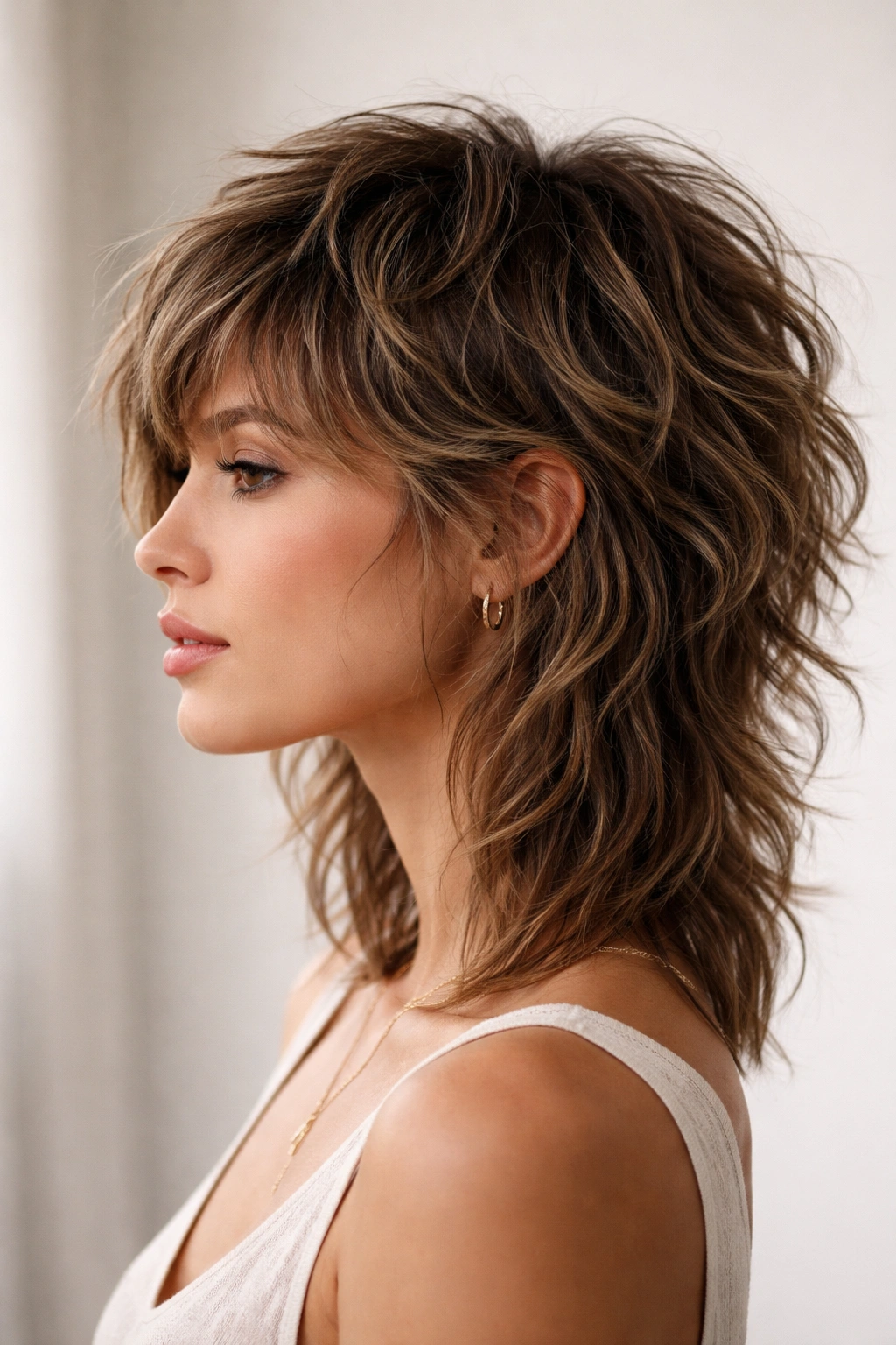 Close-up of textured wolf cut on wavy hair with choppy crown layers and longer nape.
