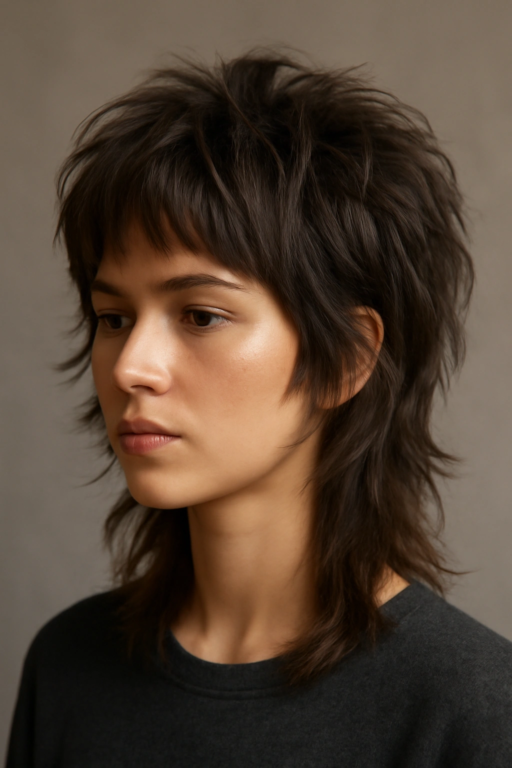 Portrait of a textured wolf cut with voluminous crown layers