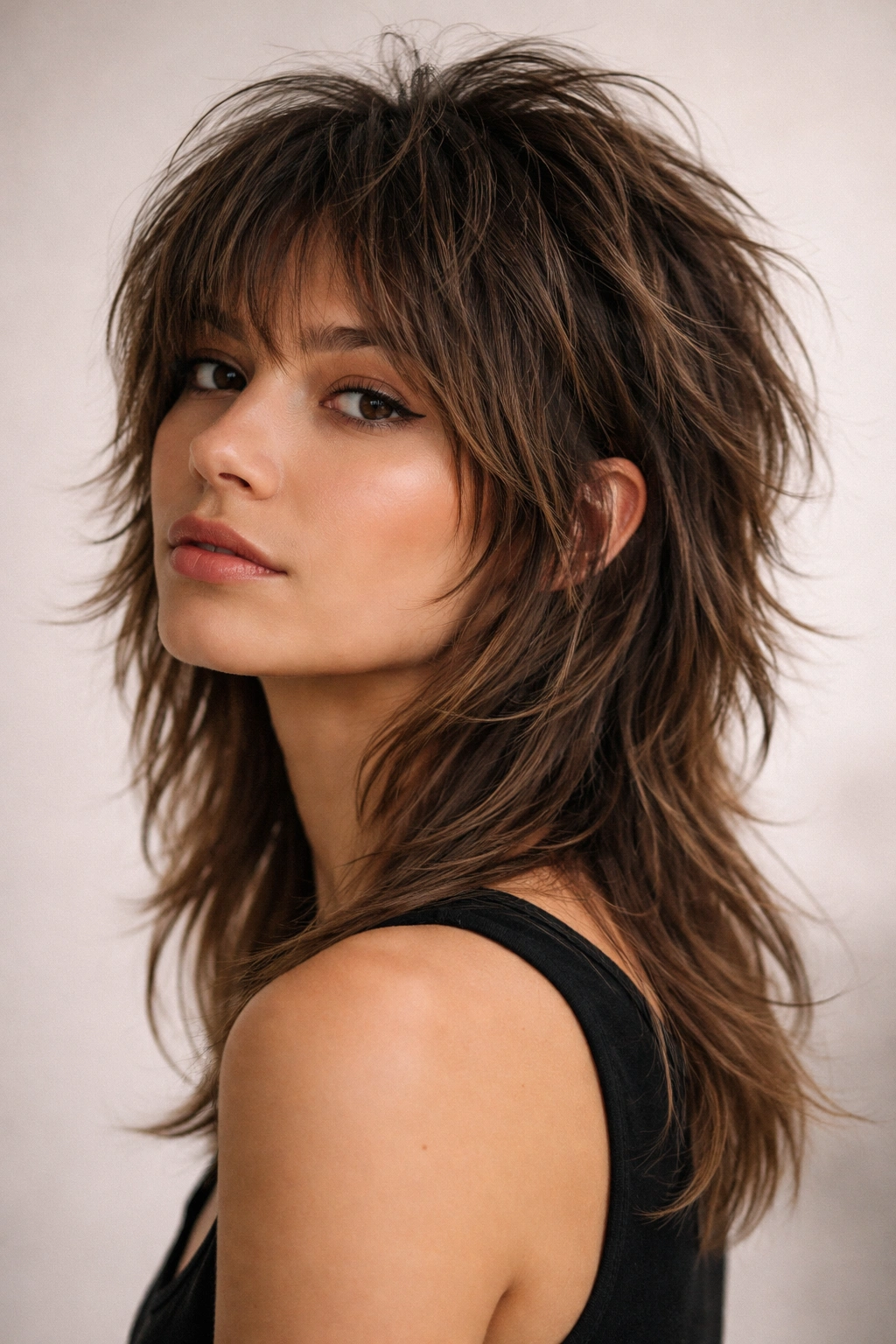 Portrait highlighting a textured wolf cut with short crown and longer back layers.