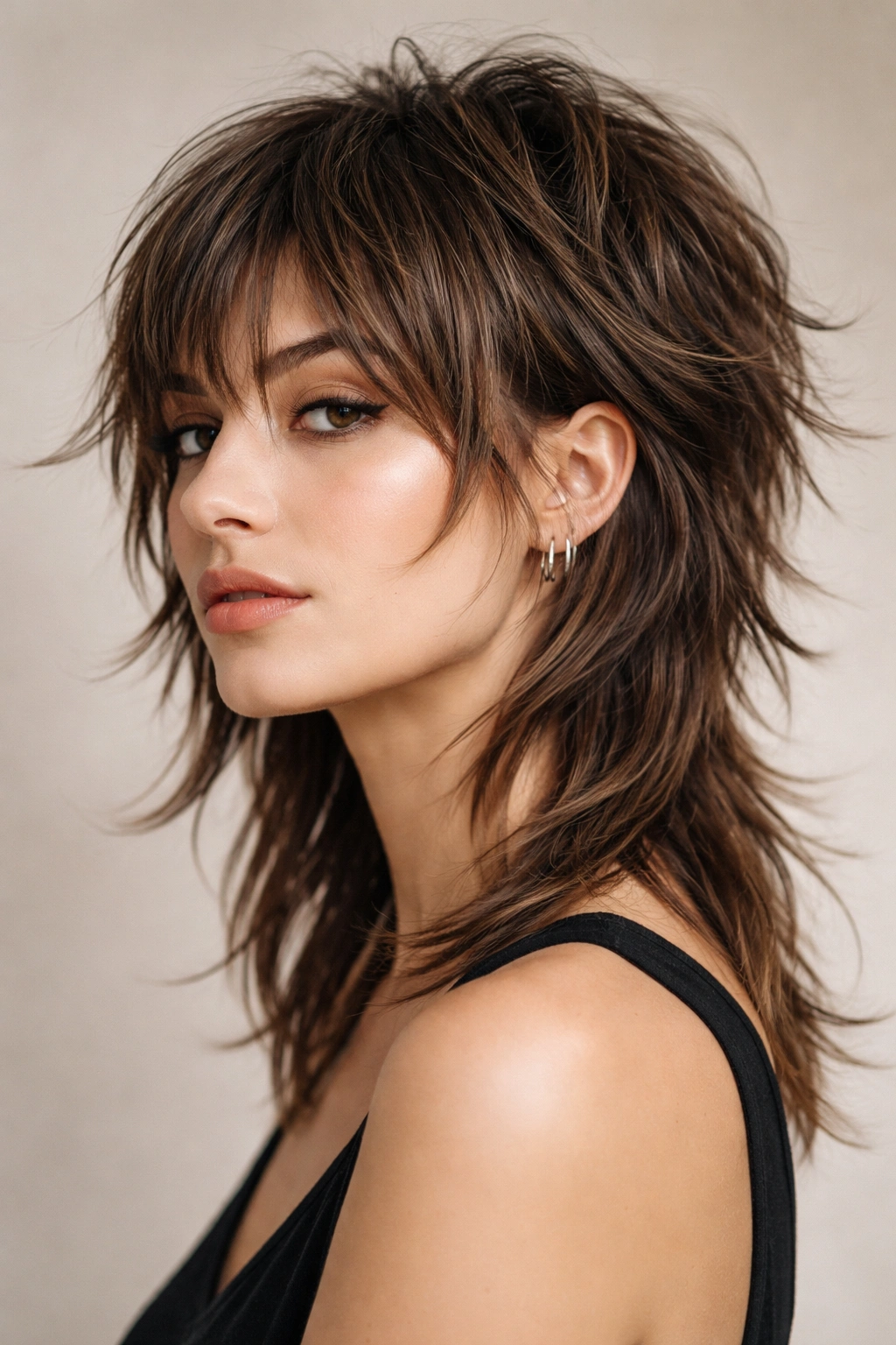 Portrait of a model with a modern wolf cut showing short spiky top and longer textured back