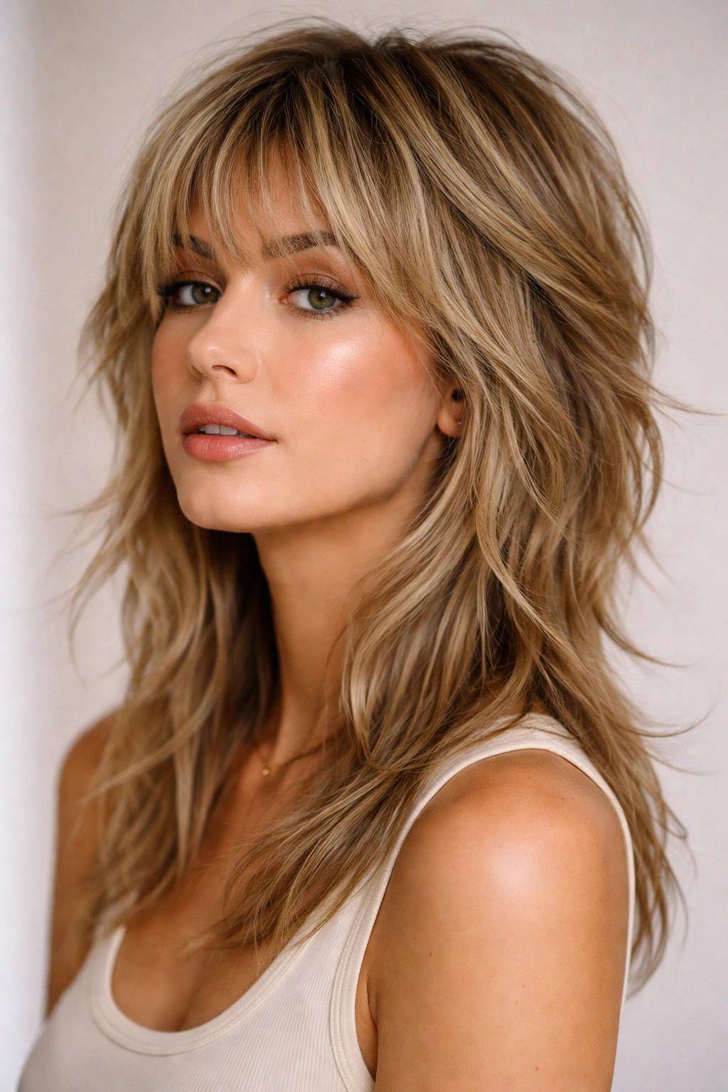 Portrait of a person with a textured wolf cut showing volume and movement