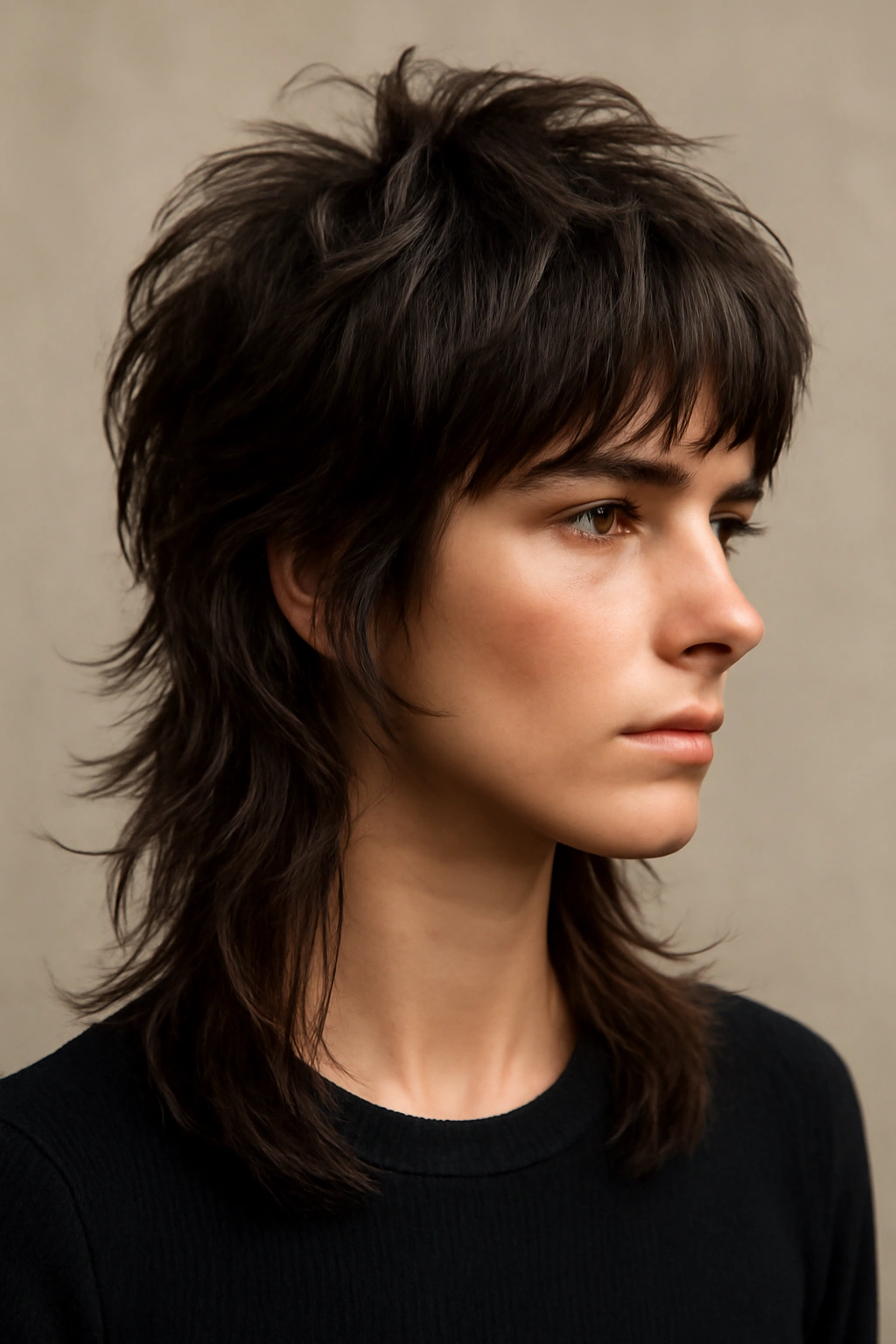 The Wolf Cut hairstyle with sharp layers and dramatic movement around the crown