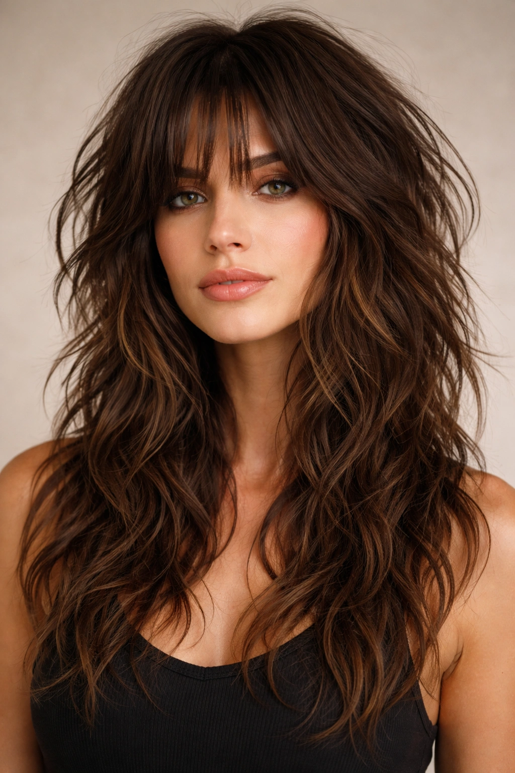Close-up of choppy wolf-cut hairstyle with textured, jagged layers on wavy hair