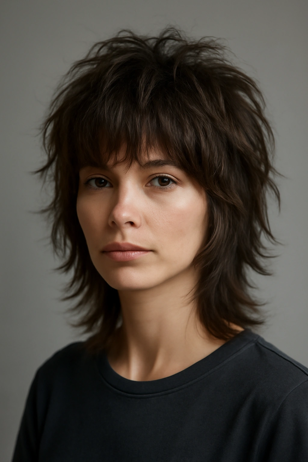 Close-up of a model with chin-length shaggy textured wolf cut showing layered texture and volume.