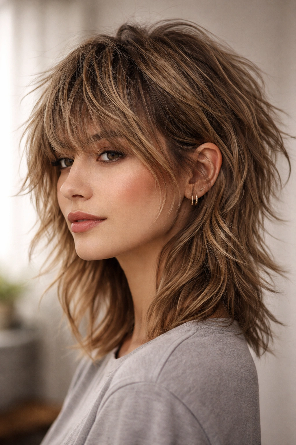 Three-quarter view of a textured wolf cut with short crown and longer layers
