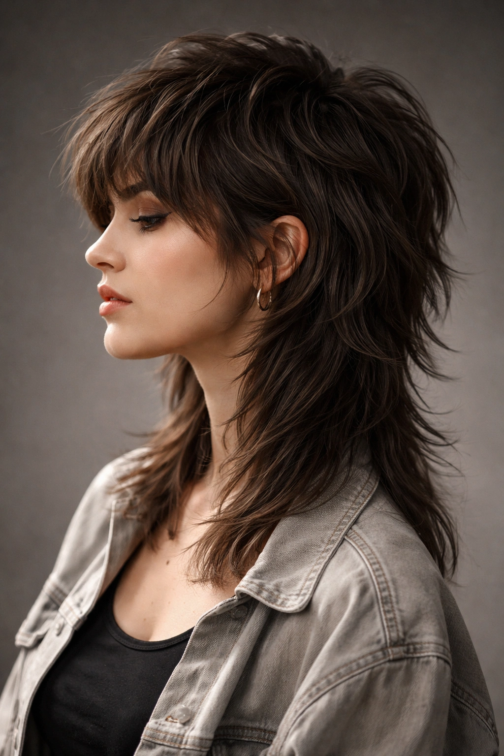 Hair styled in a textured wolf cut showing short crown layers and longer back for thick hair.