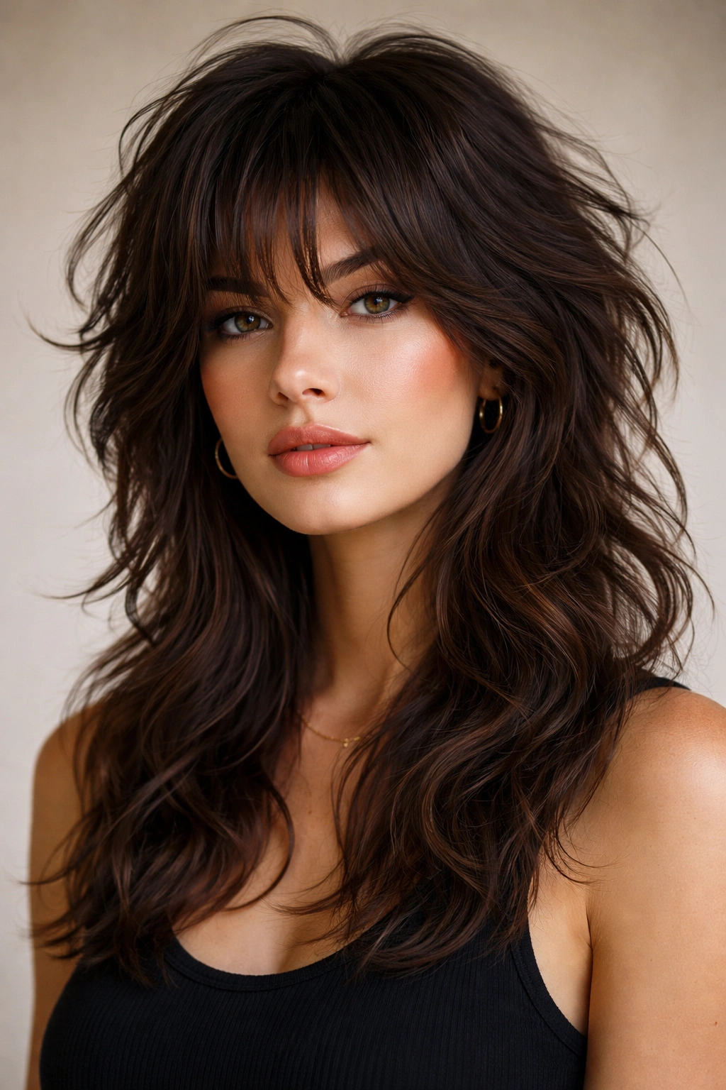 Close-up of thick, wavy hair in a modern wolf cut