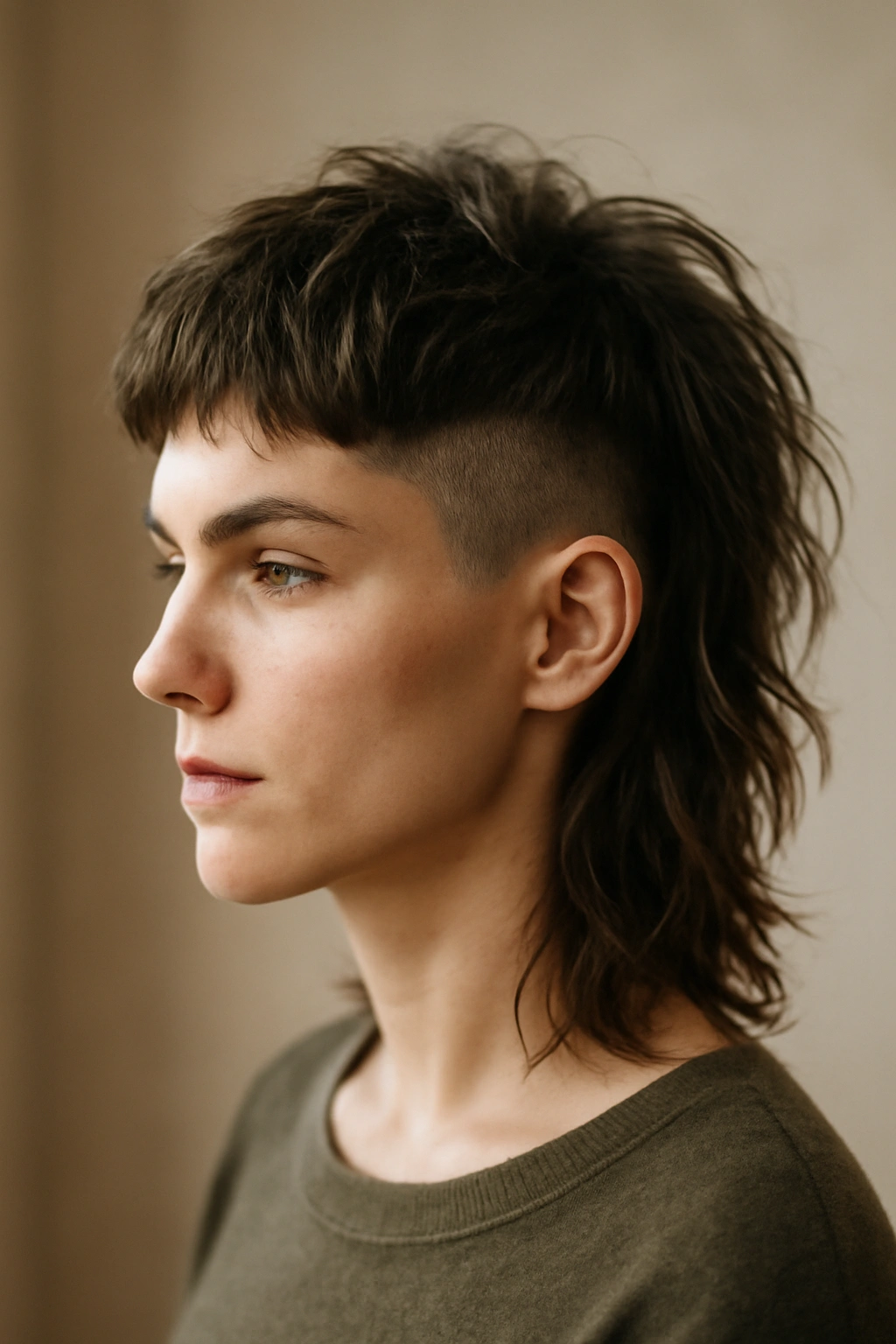 Portrait of a person with a wolf cut undercut and flowing back hair showing movement