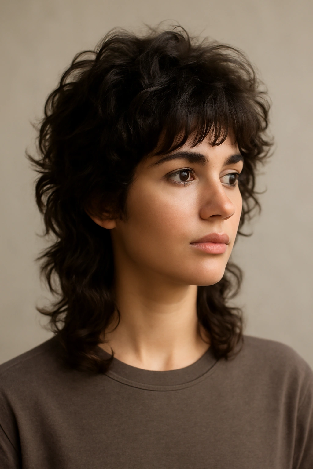 Wolf cut on wavy or curly hair showing crown height and back length.