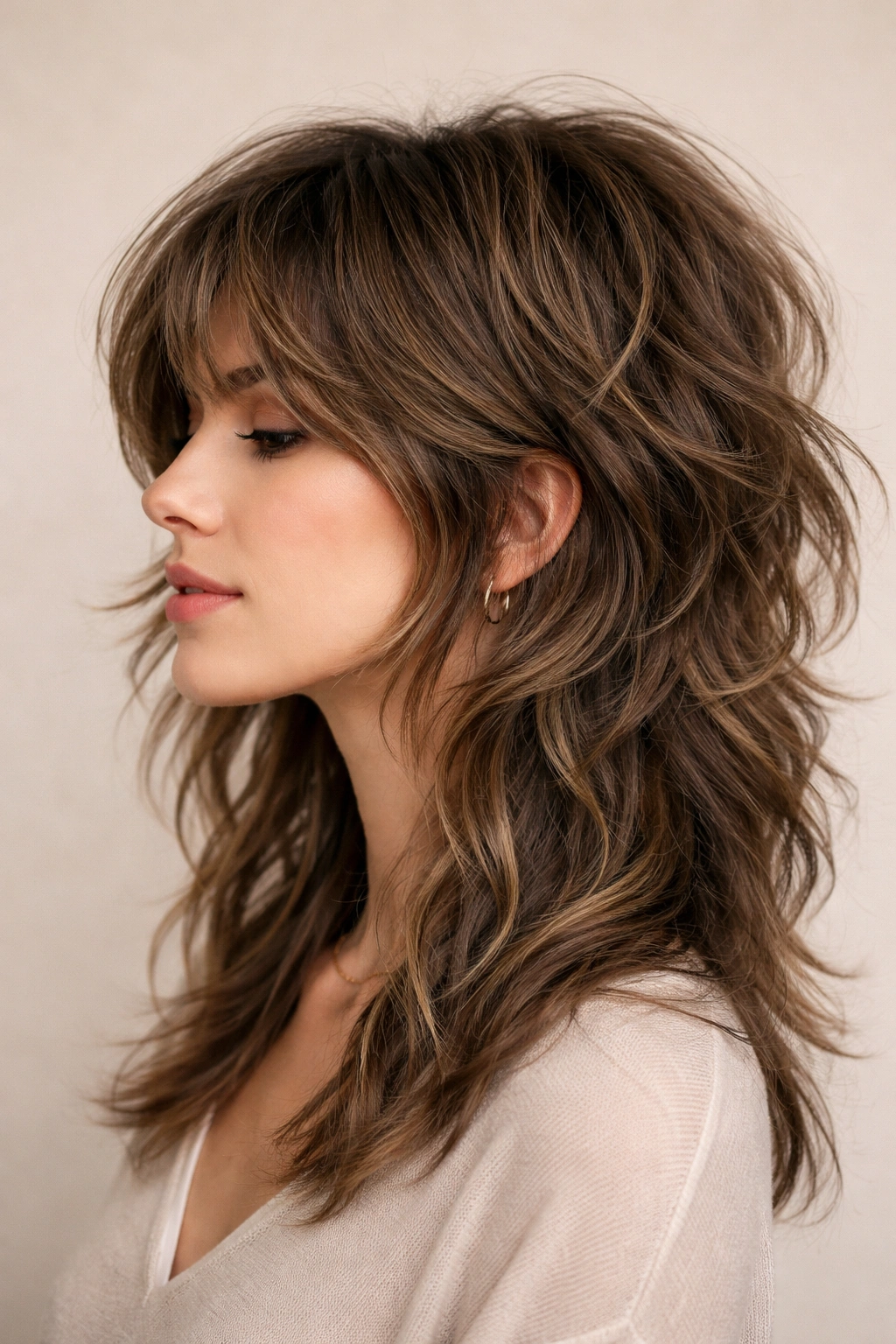 Wavy wolf cut with voluminous top and elongated underlayers