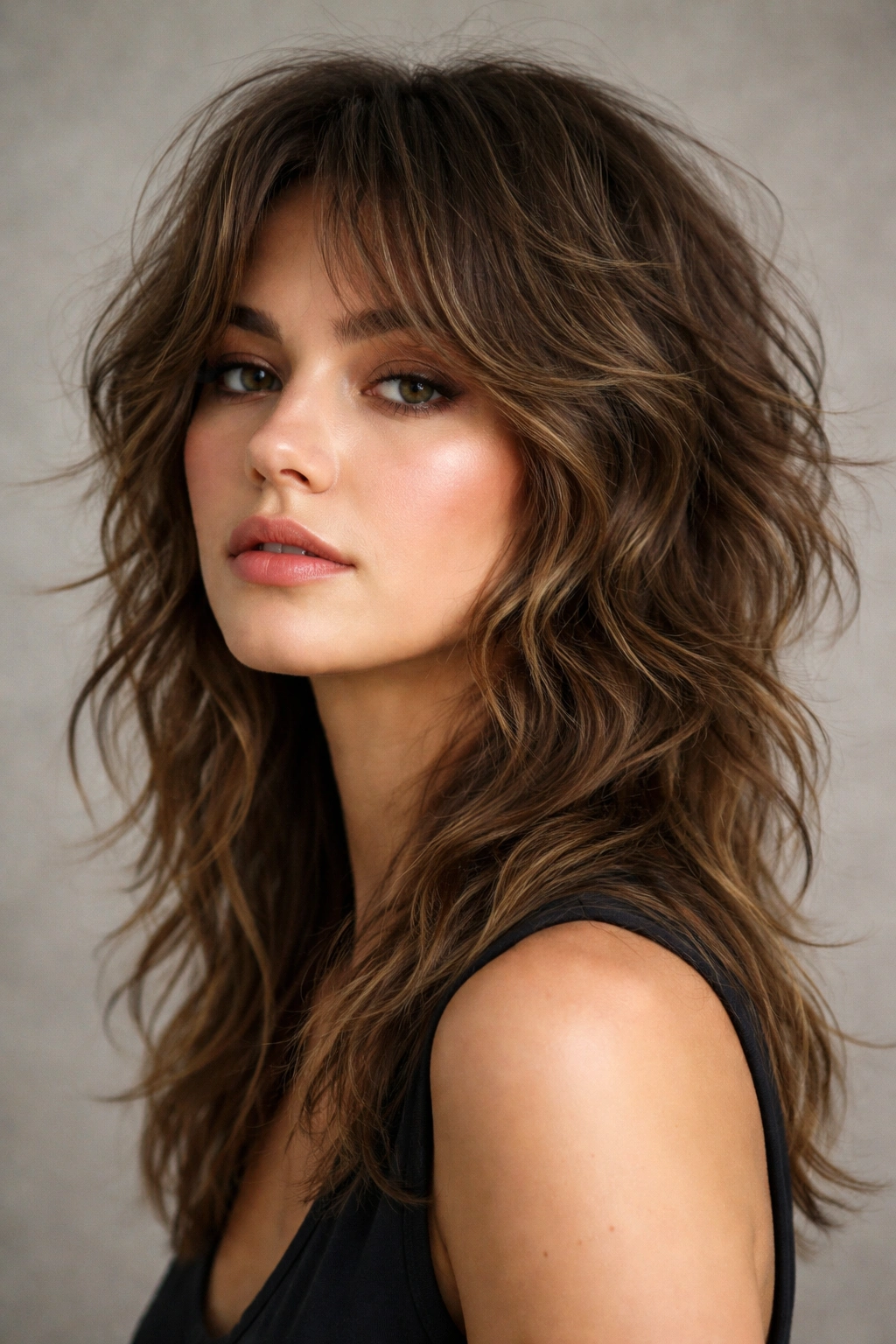 The Wolf Cut hairstyle with long front layers and short back on wavy hair