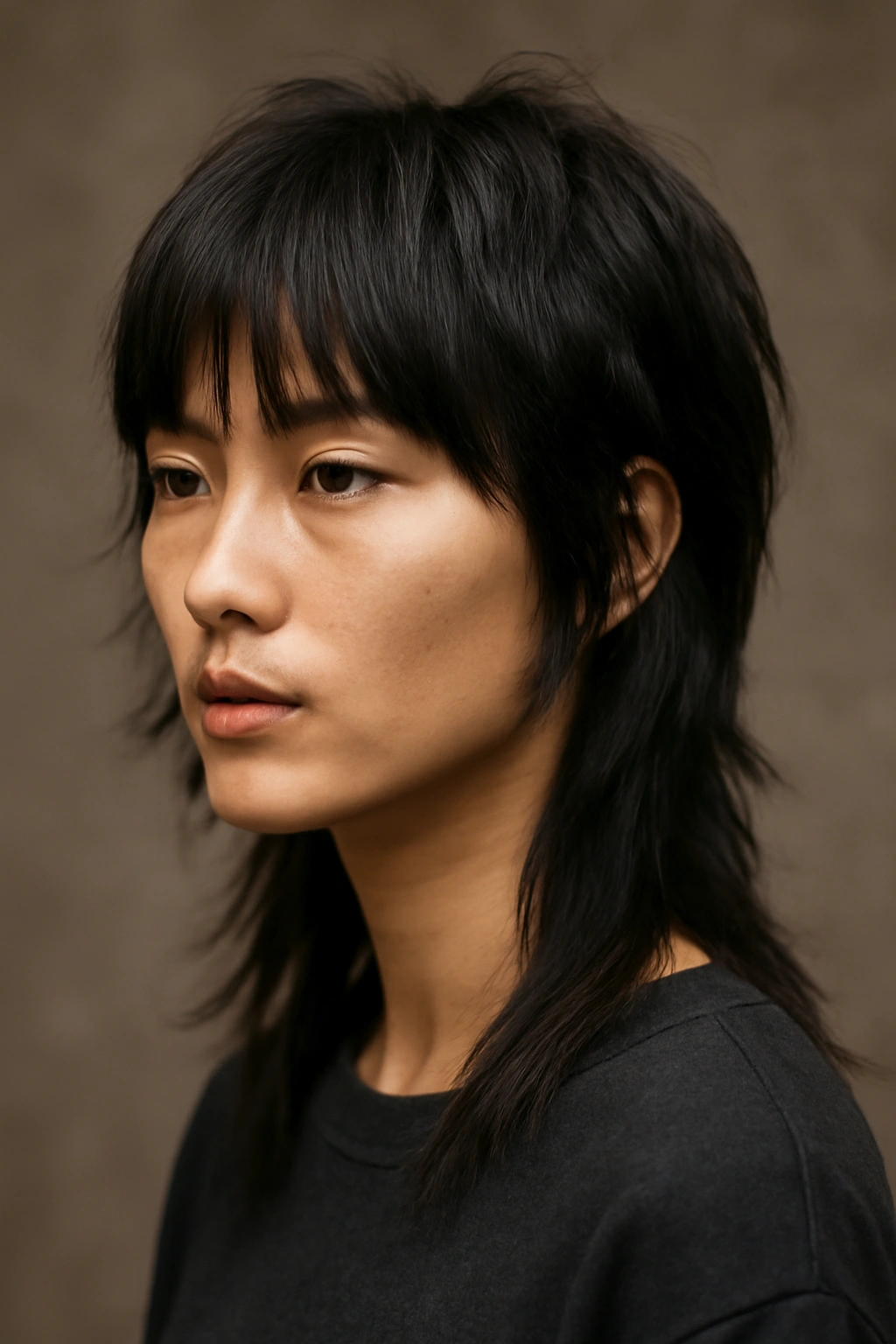 Portrait of person with shaggy wolf-mullet and long bangs framing the face